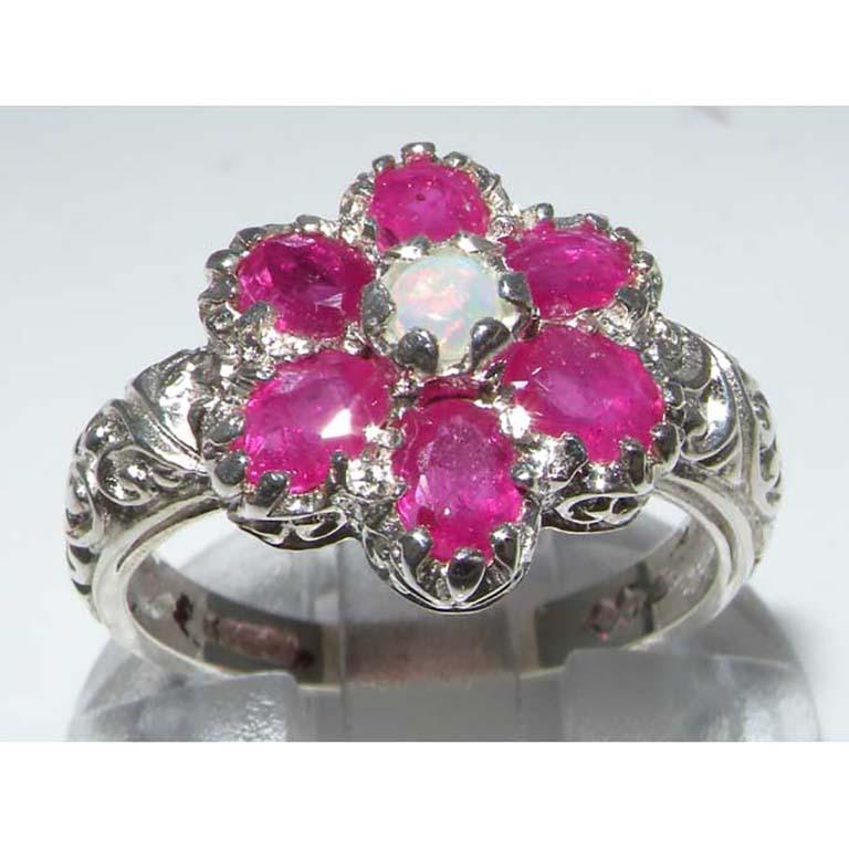 For Sale:  Sterling Silver Art Nouveau Cluster Floral Opal & Ruby Ring, Customizable 3