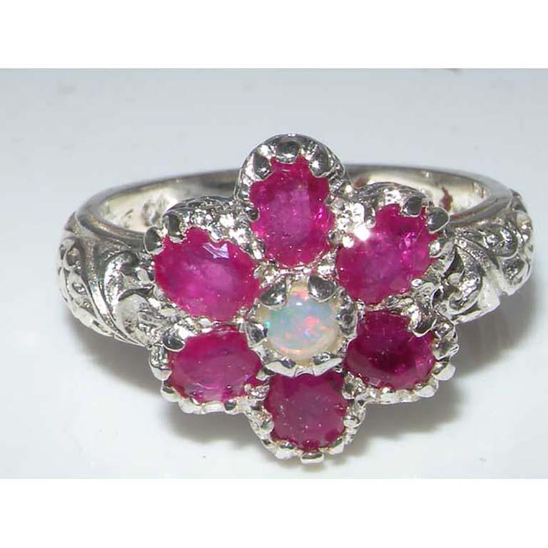 For Sale:  Sterling Silver Art Nouveau Cluster Floral Opal & Ruby Ring, Customizable 5