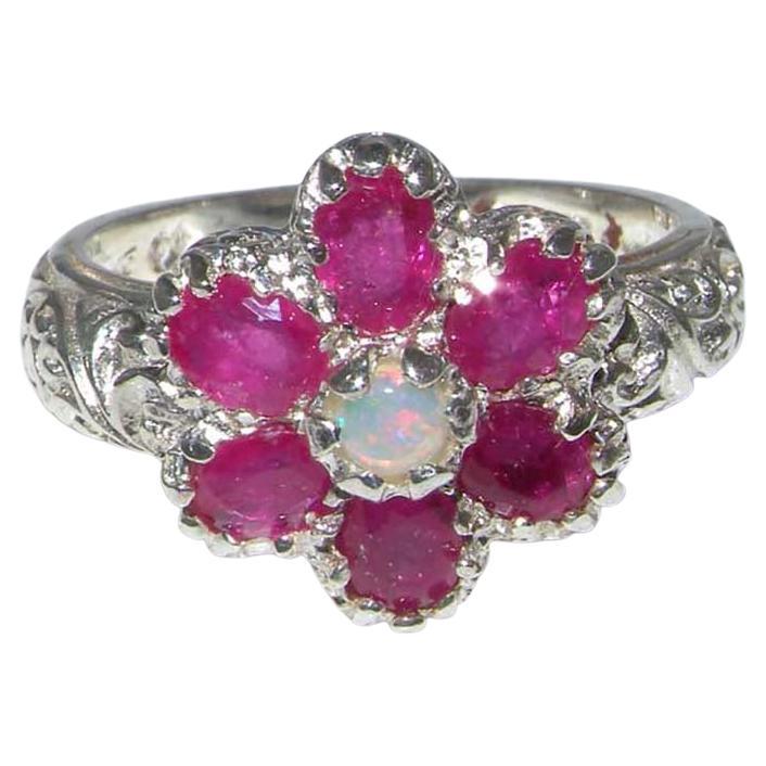 For Sale:  Sterling Silver Art Nouveau Cluster Floral Opal & Ruby Ring, Customizable