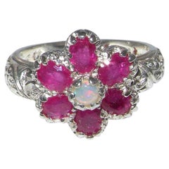 Sterling Silver Art Nouveau Cluster Floral Opal & Ruby Ring, Customizable