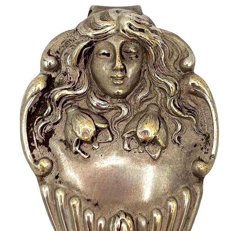 American Sterling Silver Art Nouveau Female Portrait Chatelaine Belt Clip For Sale