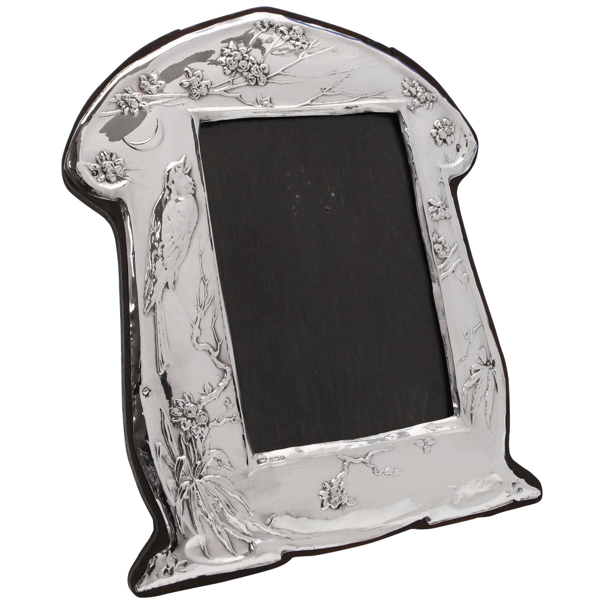 Art Nouveau Antique Sterling Silver Photograph Frame with Song Bird Decoration