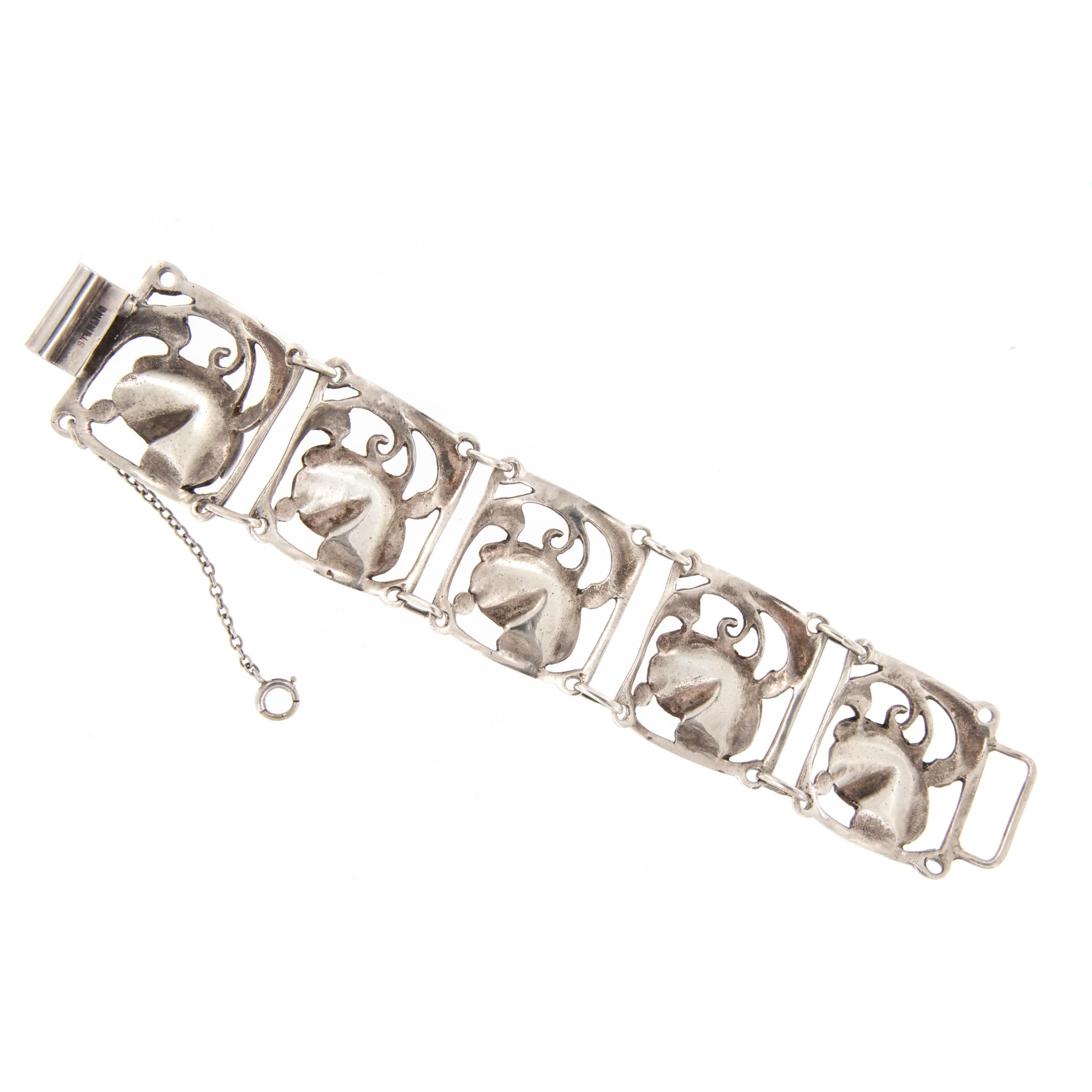 Women's Sterling Silver Art Nouveau Poppy Floral Bracelet For Sale