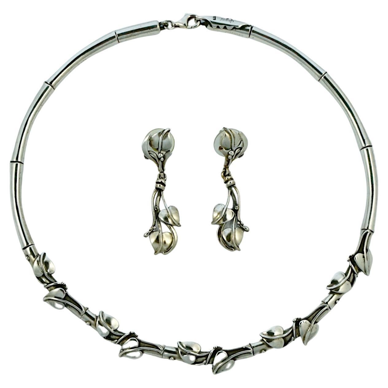 Sterling Silver Art Nouveau Style Collar Necklace and Earrings Set circa 1990s