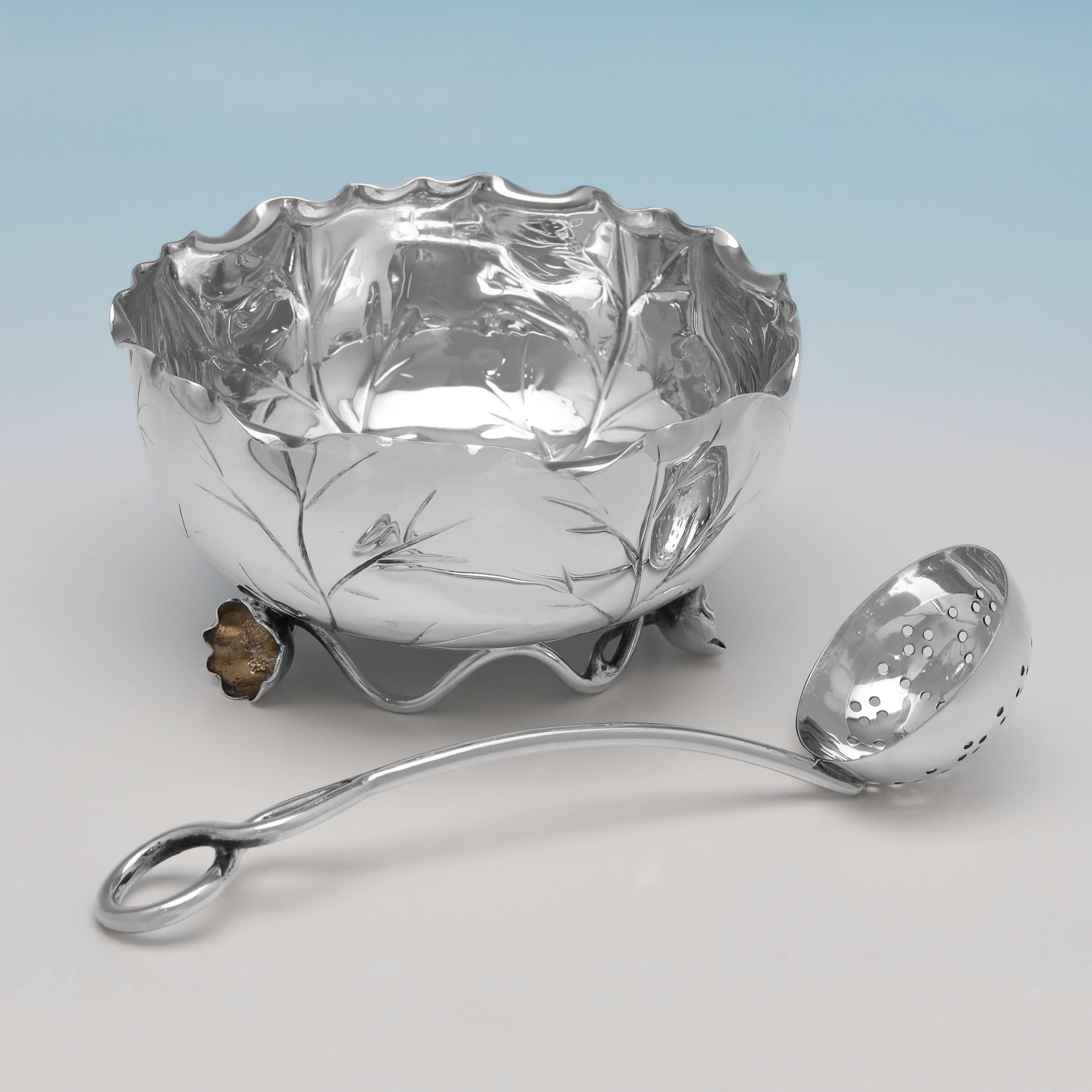 Hallmarked in Birmingham in 1908 by Heath & Middleton, this delightful, Antique Sterling Silver Sugar Bowl & Sifter Spoon, are in the Art Nouveau taste, modelled as a leaf and stranding on flower bud feet. The bowl measures 2