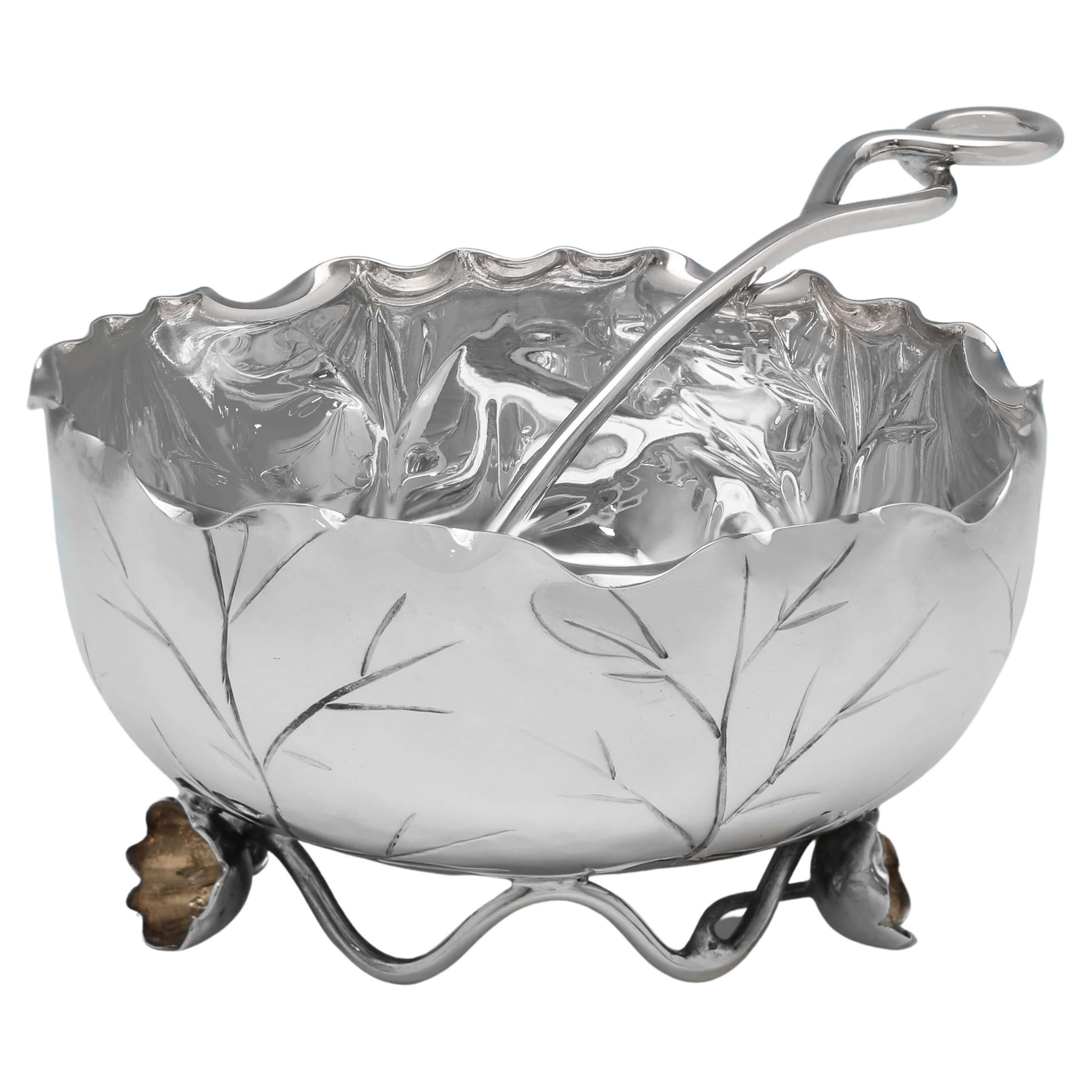 Art Nouveau Antique Sterling Silver Sugar Bowl & Matching Sifting Spoon, 1908