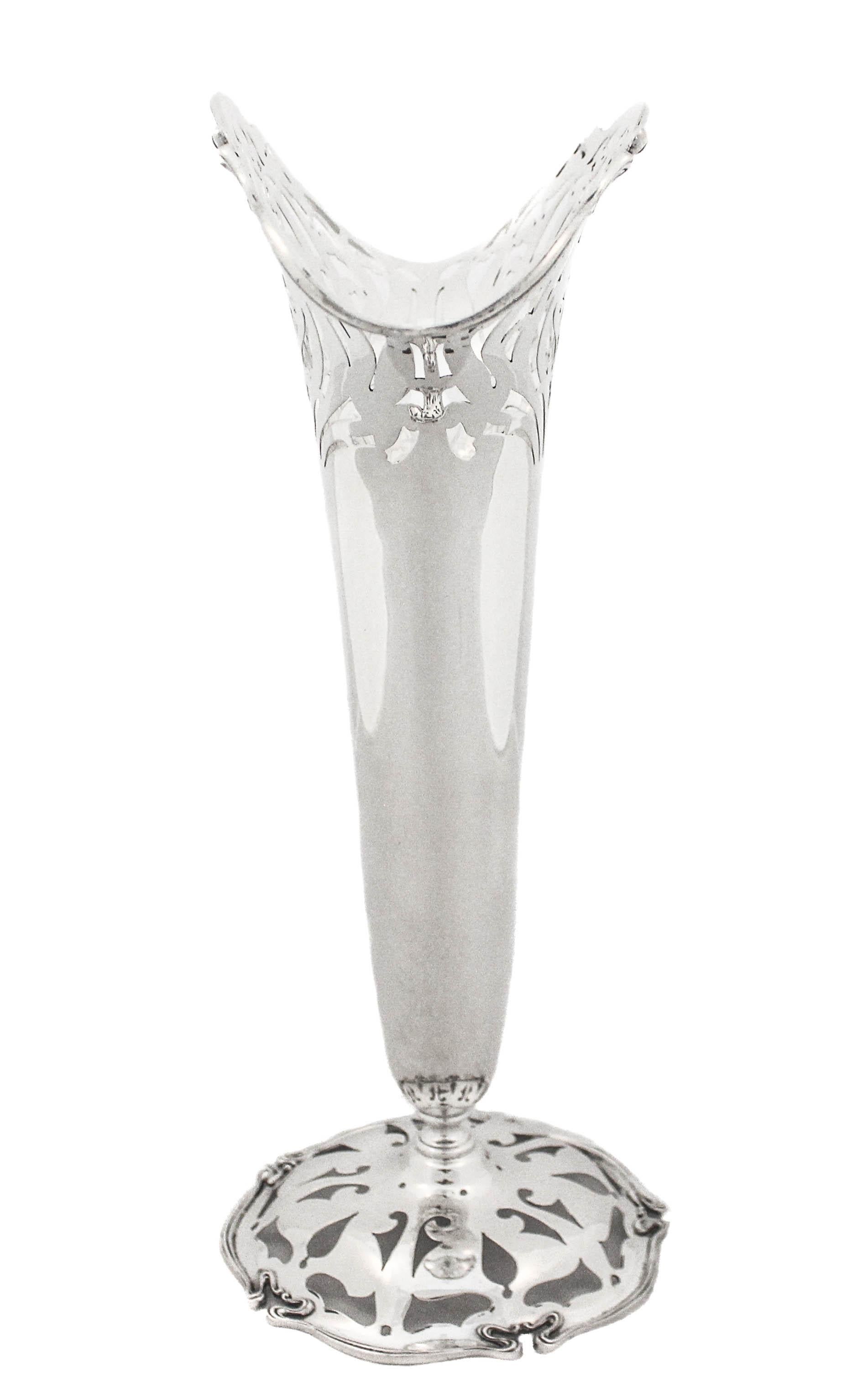 We are thrilled to offer you this magnificent sterling silver vase by Shreve & Company of San Francisco.  A great example of Art Nouveau from the early 20th century.  Art Nouveau was at its peak and this vase captures the essence of that genre.  The