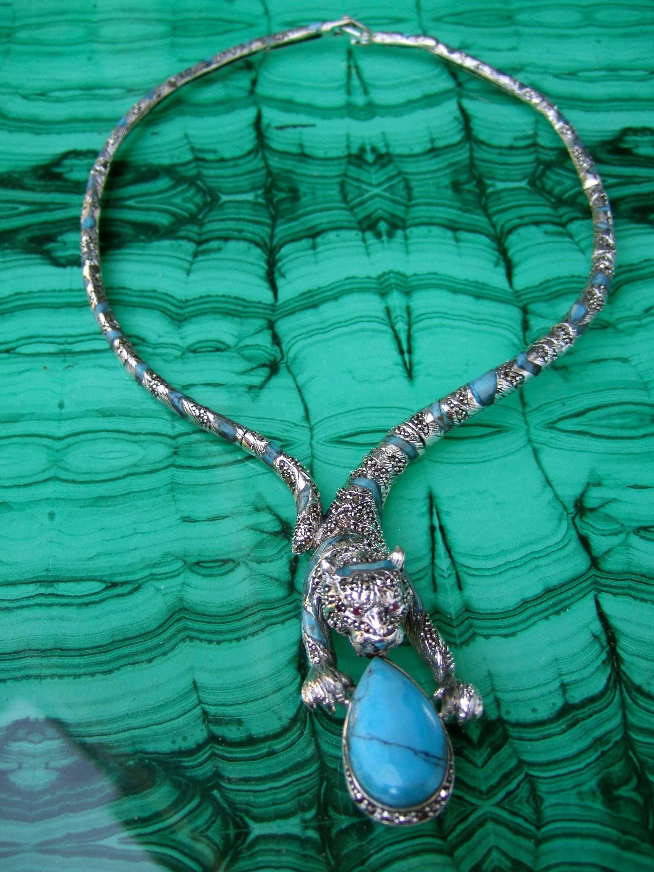 Sterling Silver Articulated Enamel Marcasite Tiger Choker Necklace 21st c  In New Condition For Sale In University City, MO