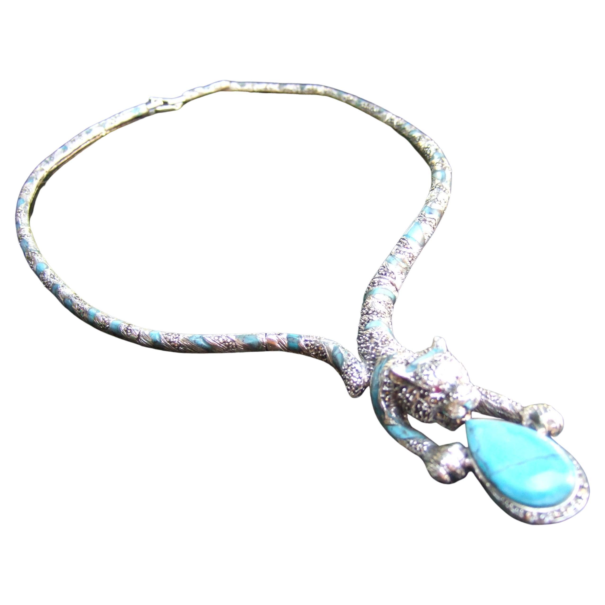Sterling Silver Articulated Enamel Marcasite Tiger Choker Necklace 21st c