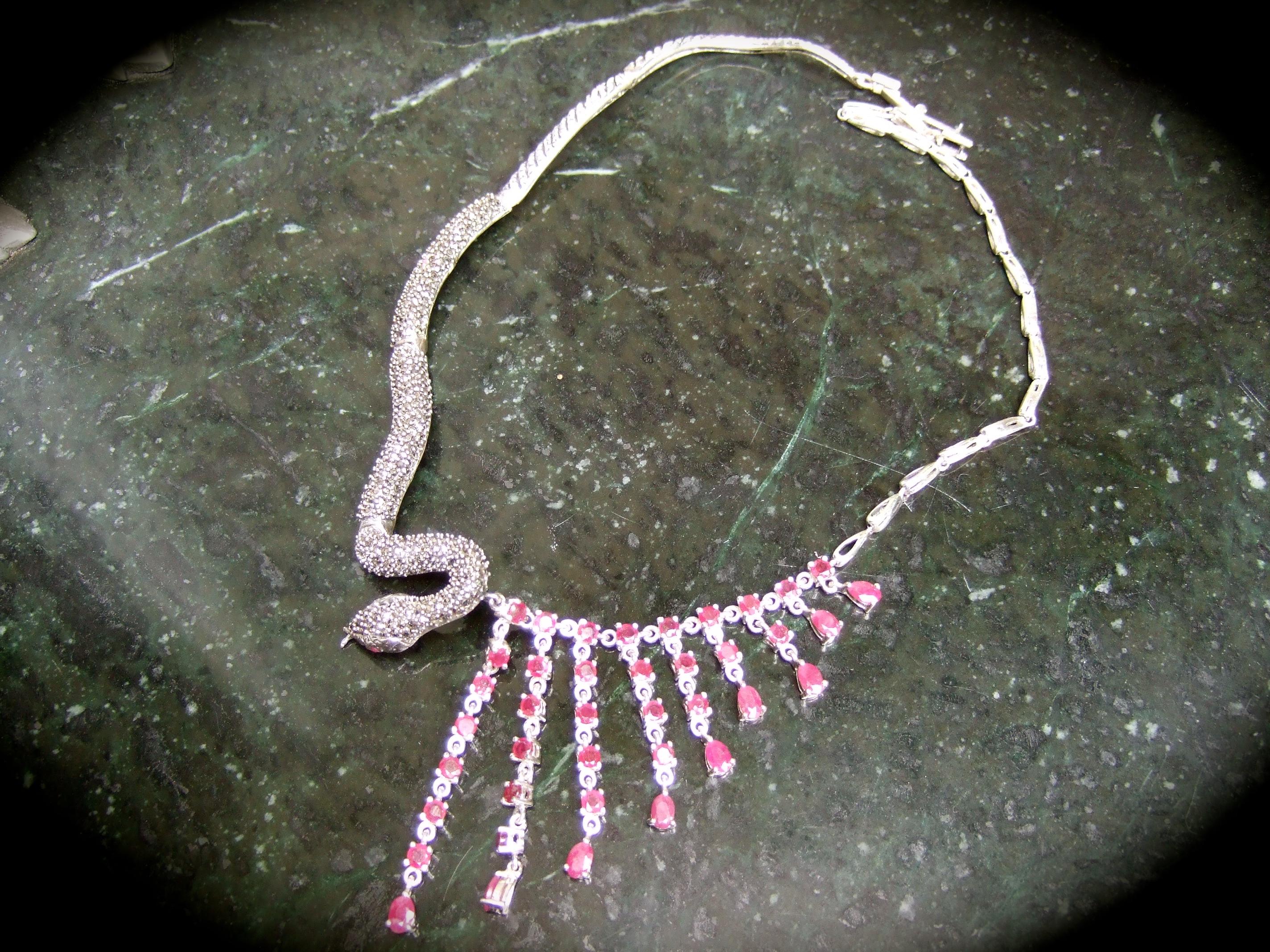 Sterling Silver Articulated Marcasite Garnet Serpent Artisan Choker Necklace For Sale 3