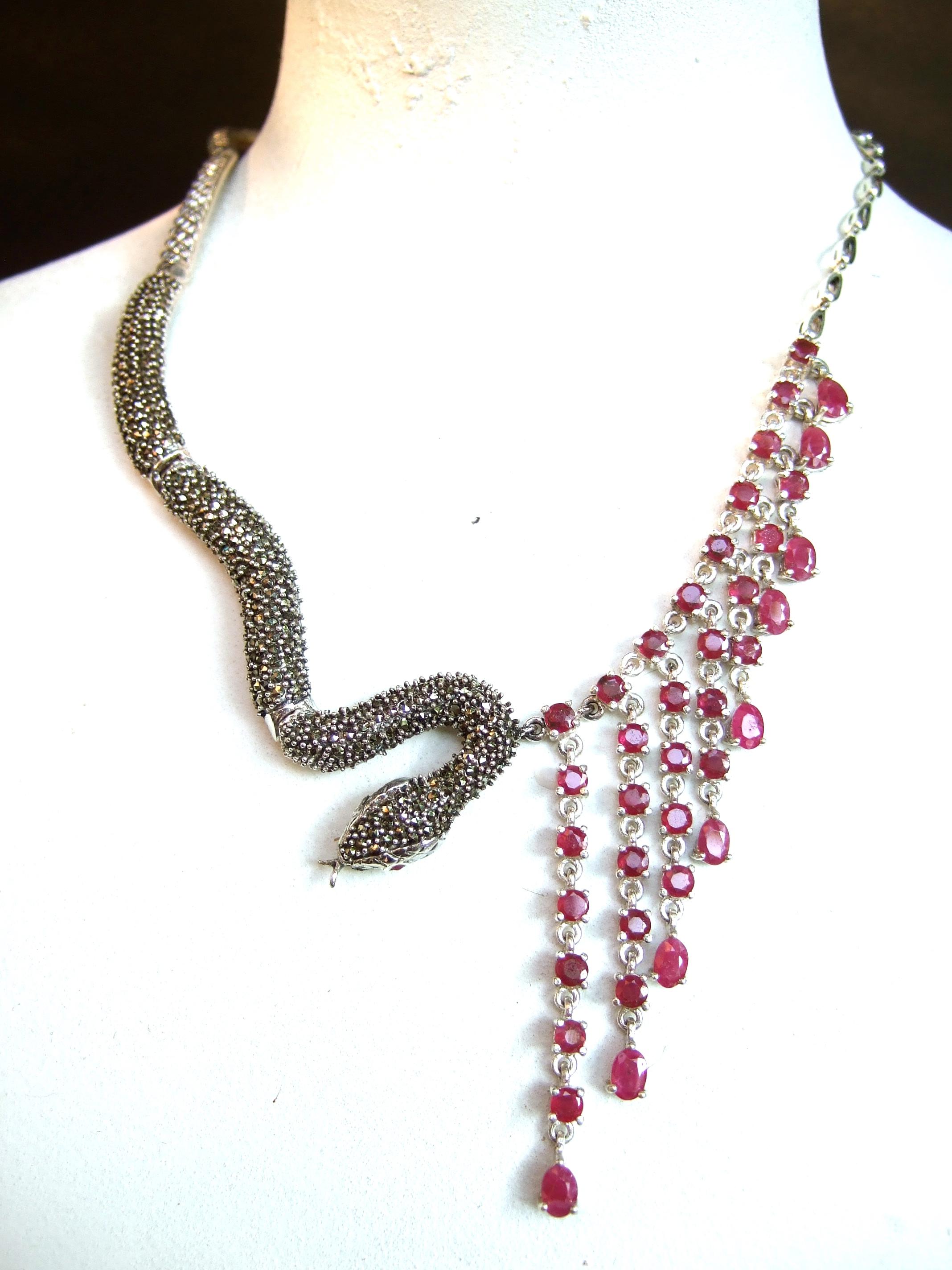 Sterling Silver Articulated Marcasite Garnet Serpent Artisan Choker Necklace For Sale 4