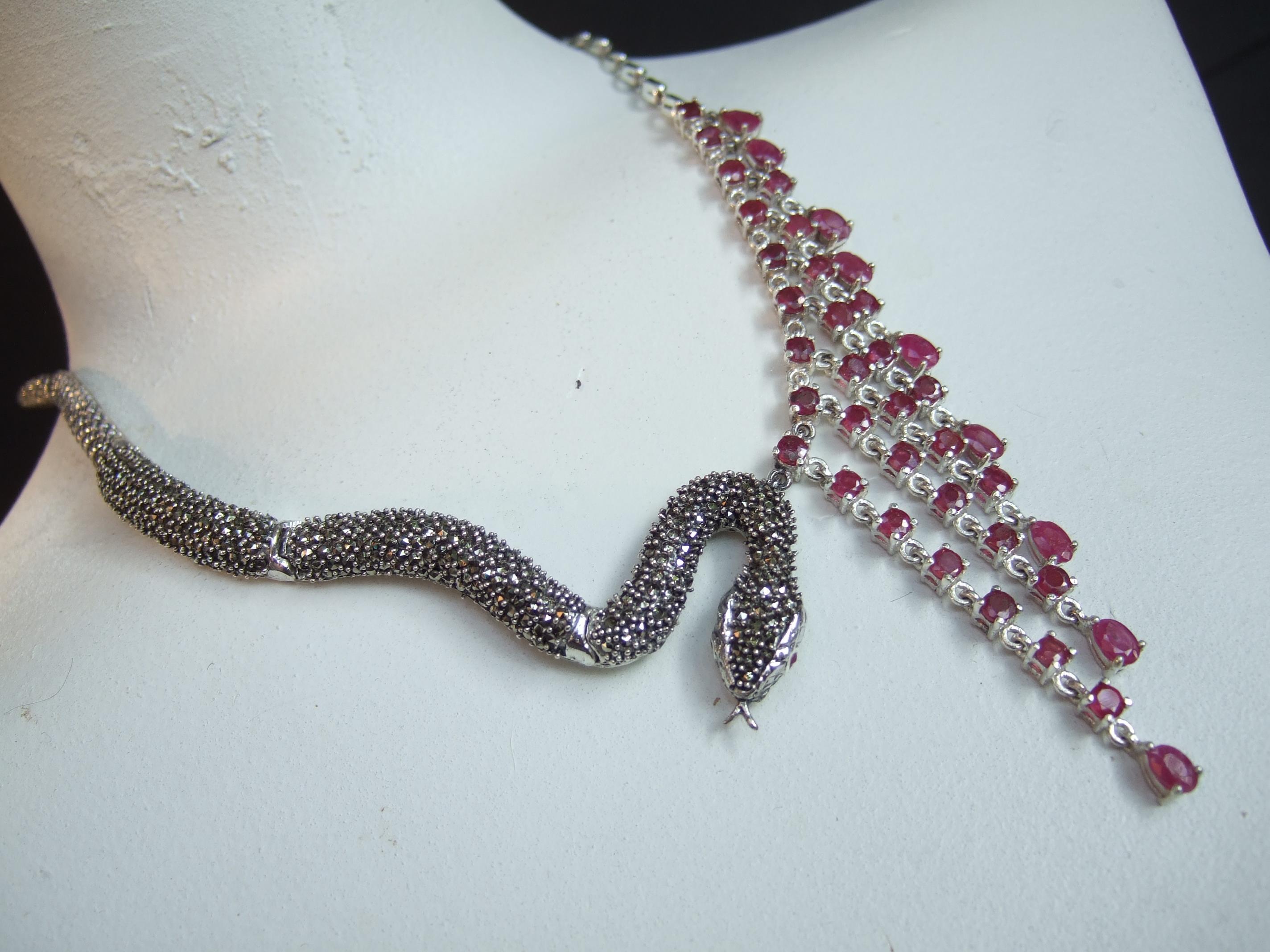 Sterling Silver Articulated Marcasite Garnet Serpent Artisan Choker Necklace For Sale 6