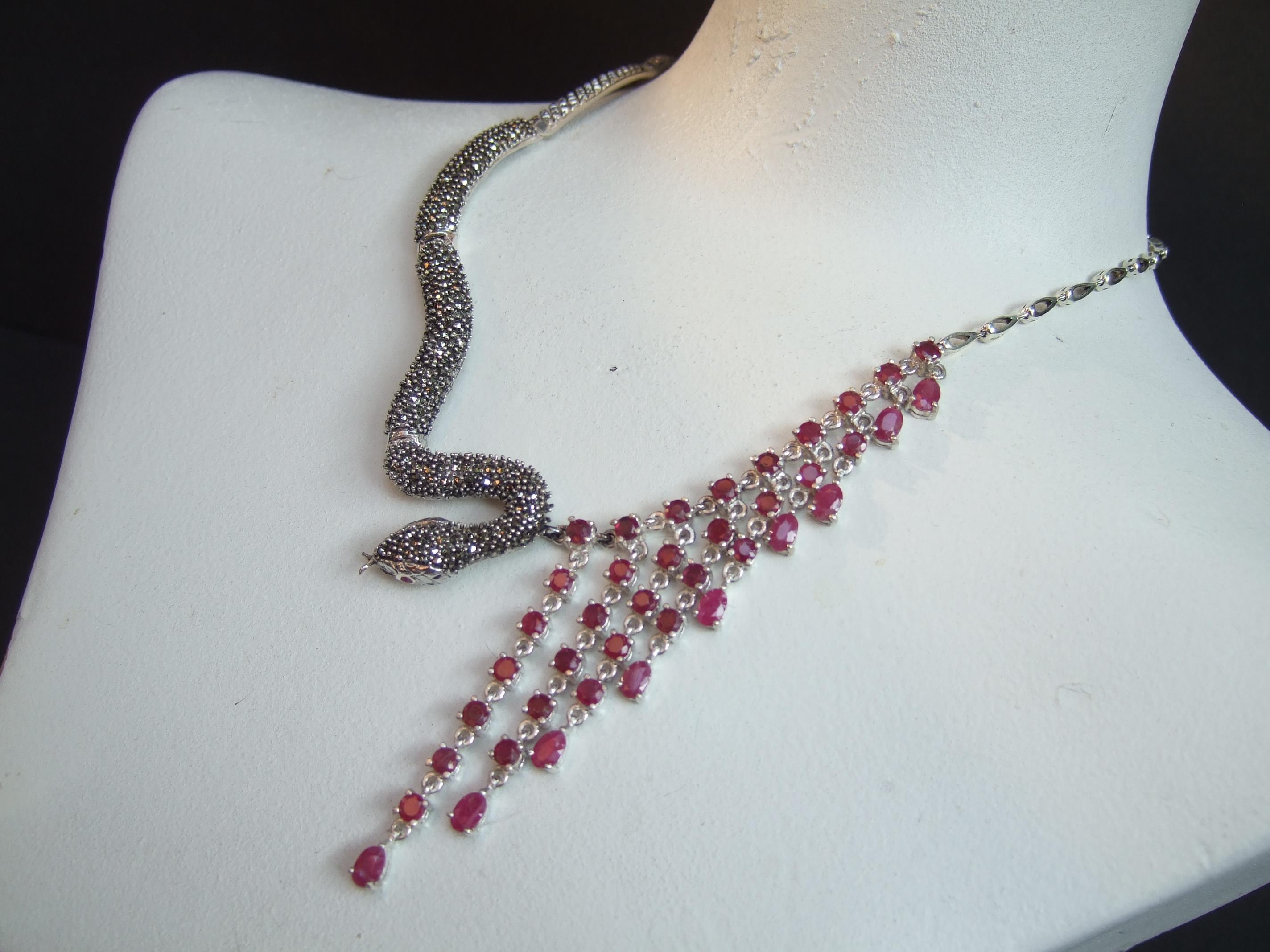 Sterling Silver Articulated Marcasite Garnet Serpent Artisan Choker Necklace For Sale 7