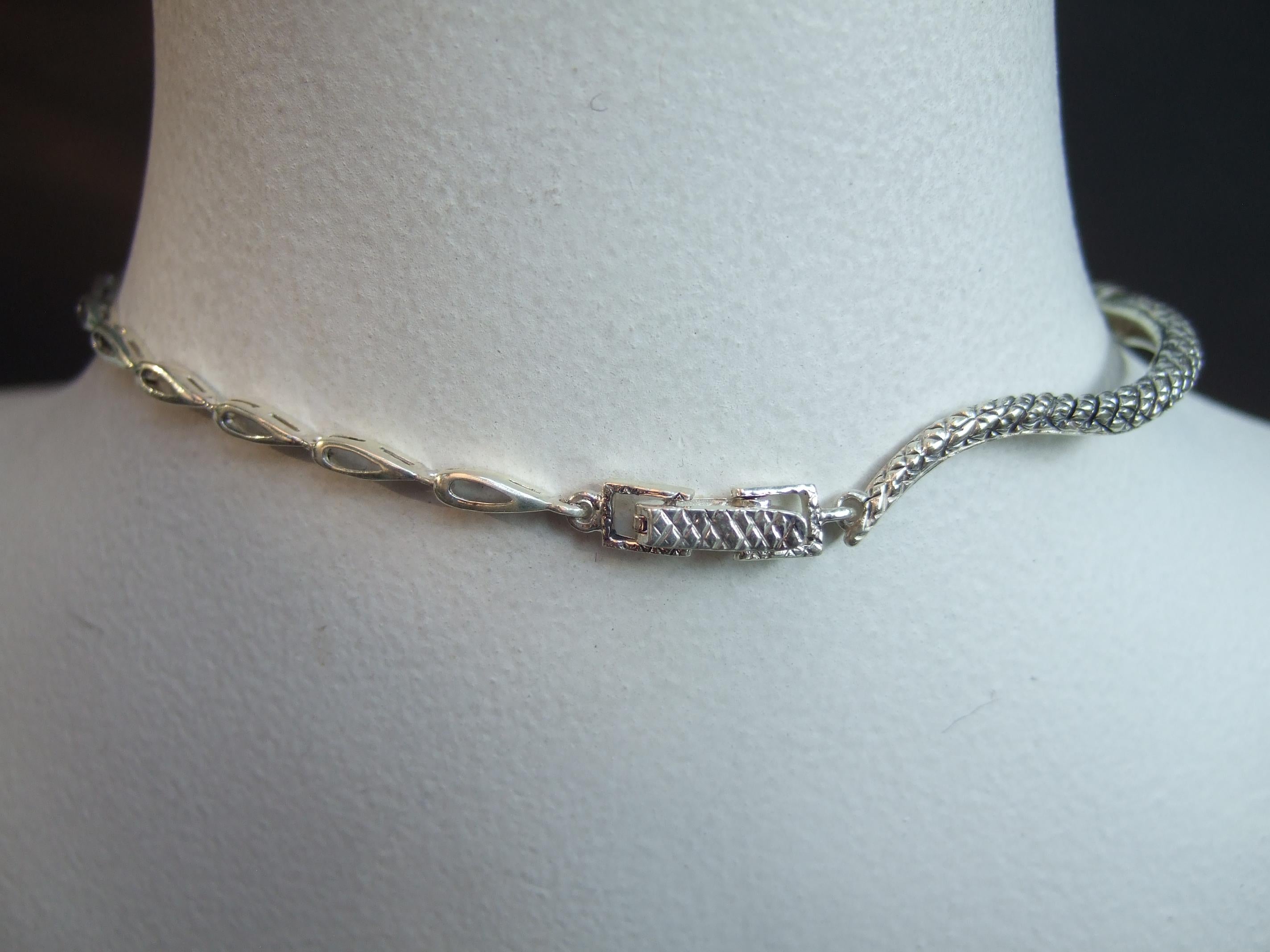 Sterling Silver Articulated Marcasite Garnet Serpent Artisan Choker Necklace For Sale 8