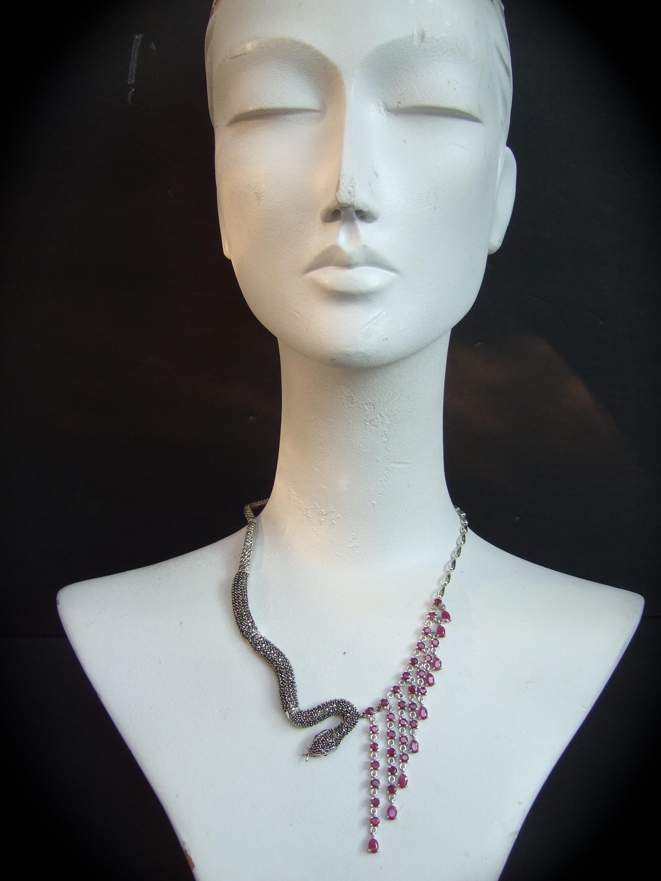 Sterling Silver Articulated Marcasite Garnet Serpent Artisan Choker Necklace In Good Condition For Sale In University City, MO