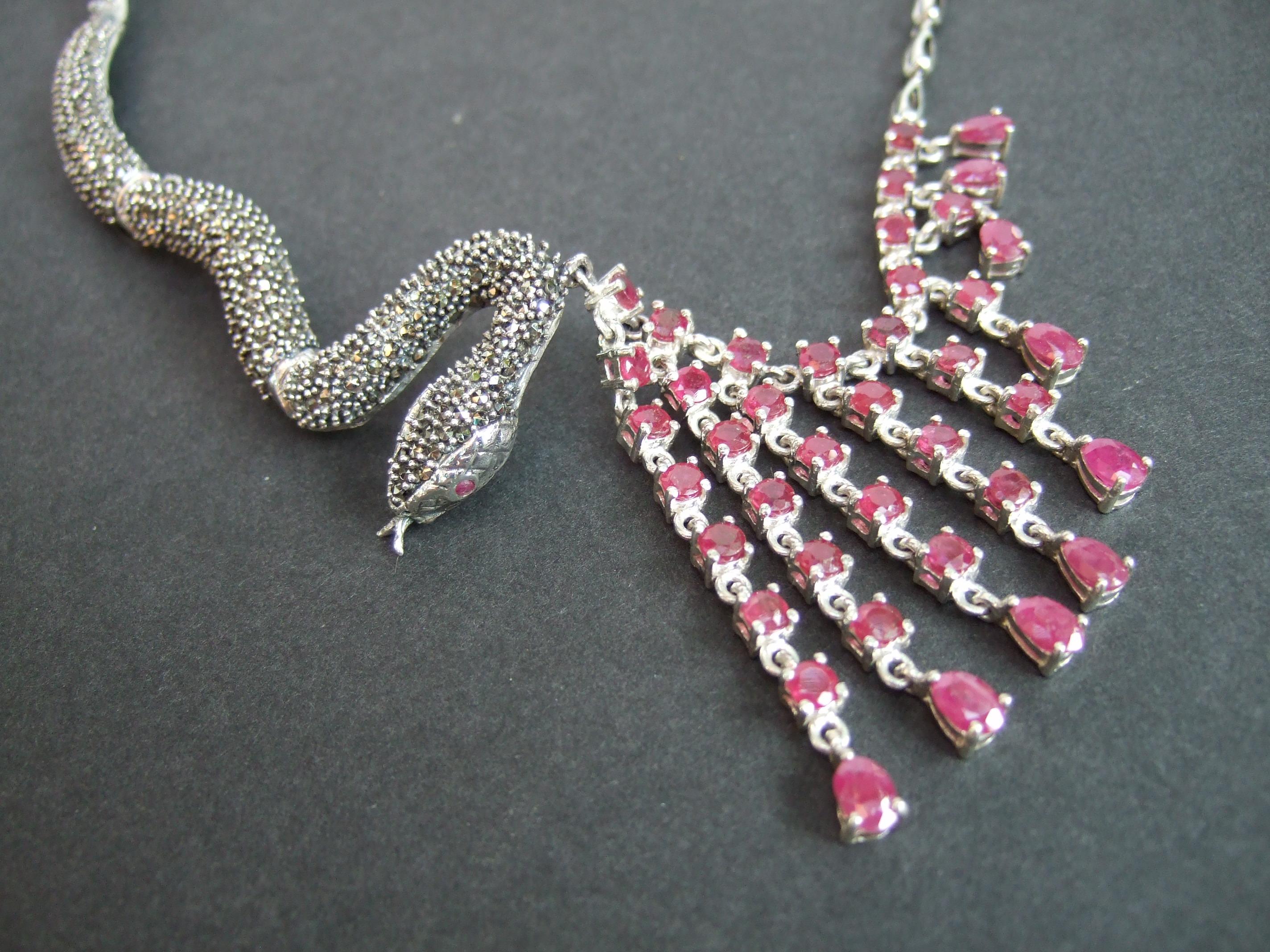 Women's Sterling Silver Articulated Marcasite Garnet Serpent Artisan Choker Necklace For Sale