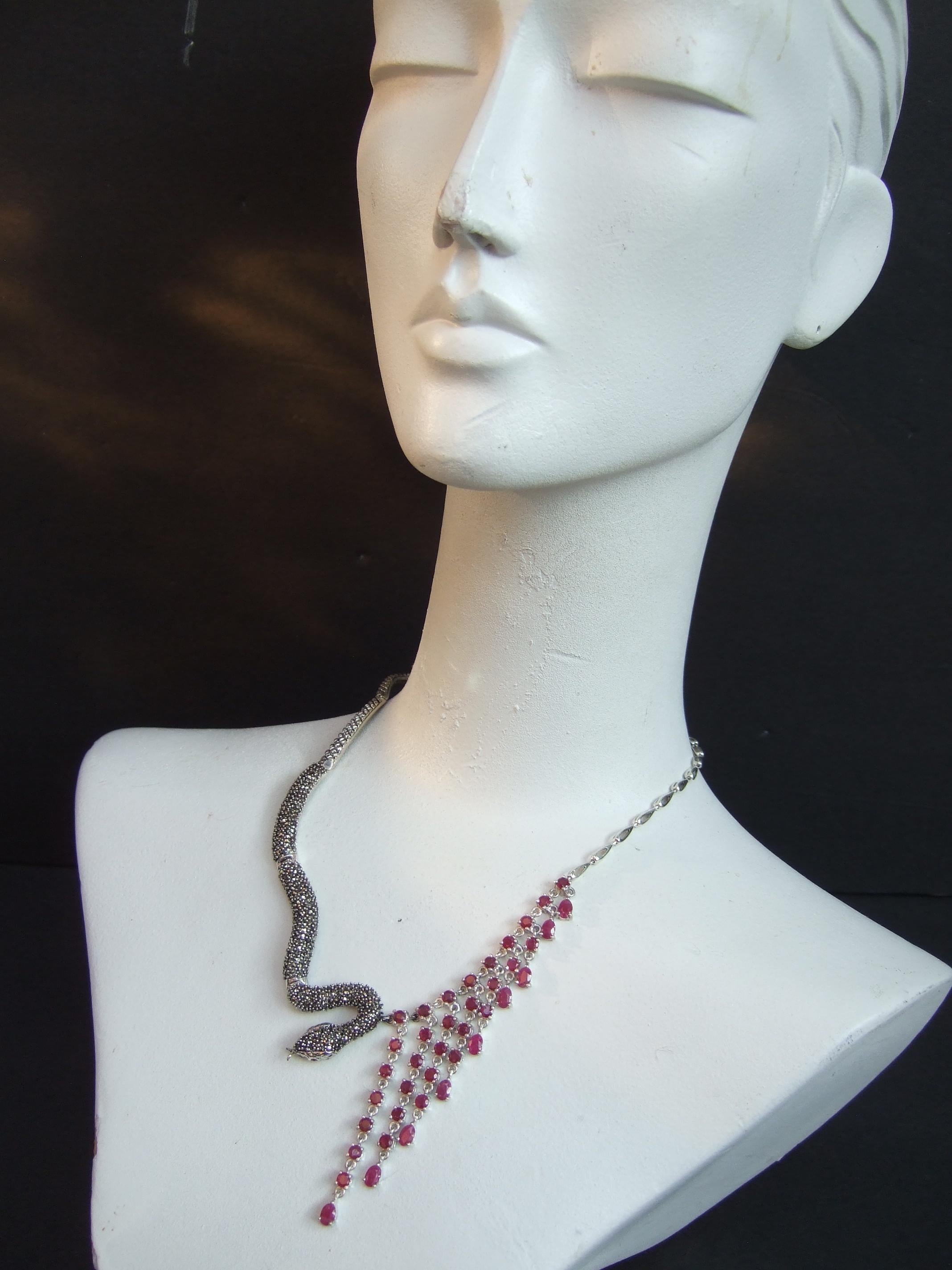 Sterling Silver Articulated Marcasite Garnet Serpent Artisan Choker Necklace For Sale 2