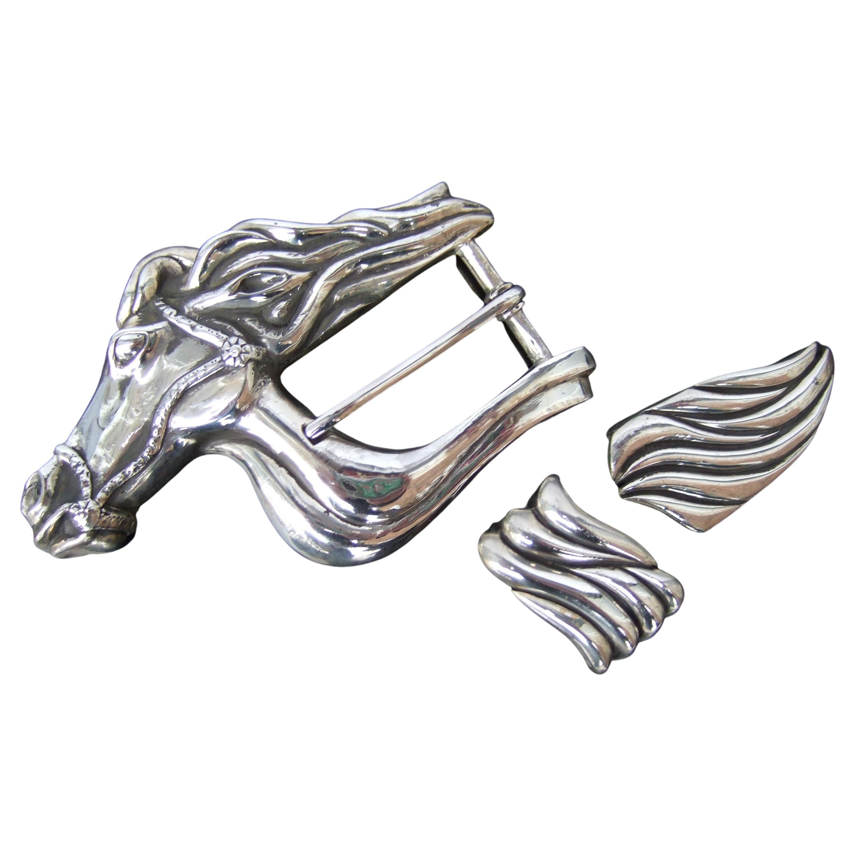 Sterling Silver Artisan Equine Uni-sex Belt Buckle c 1990s For Sale