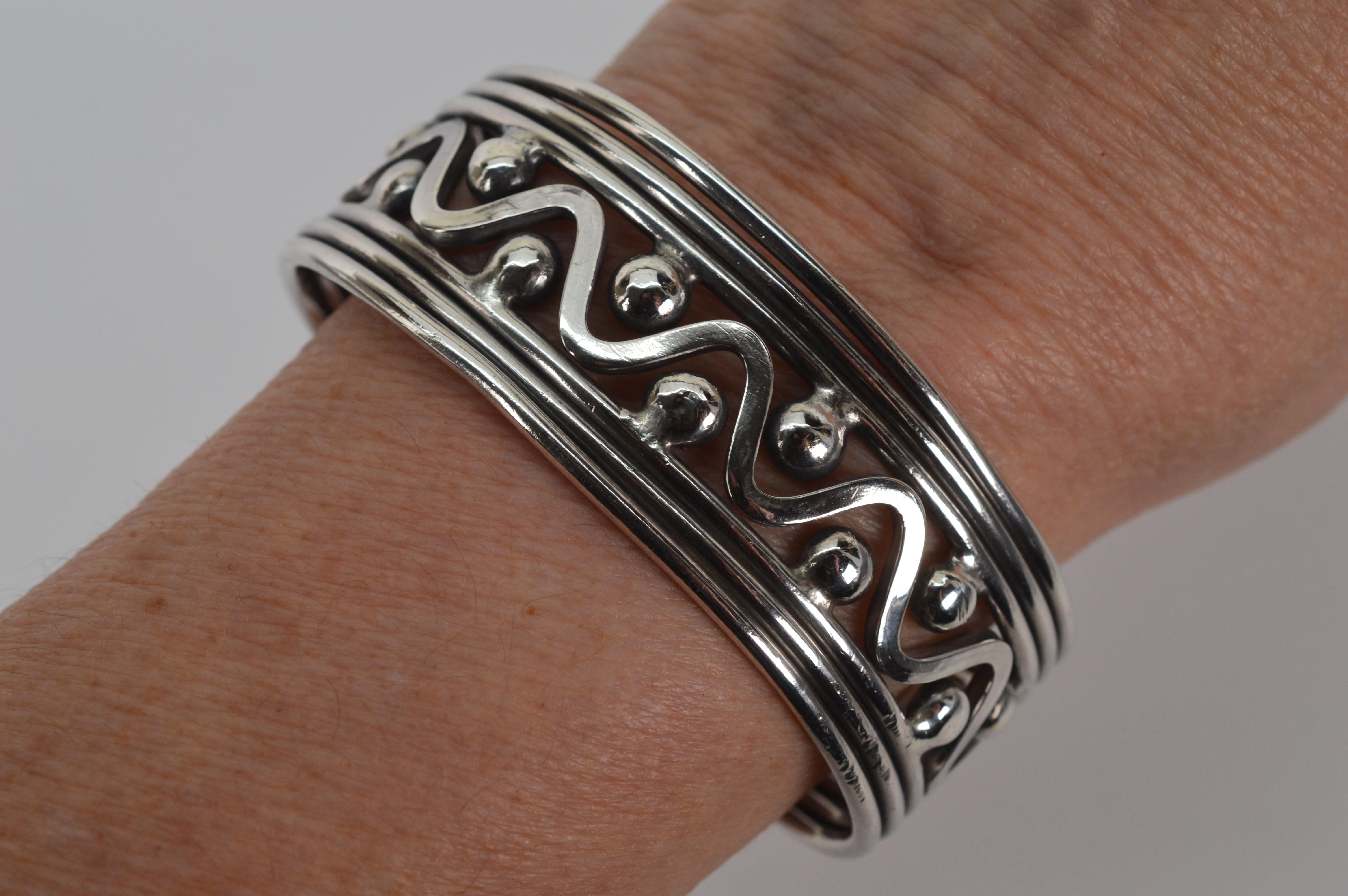 Women's or Men's Sterling Silver Artisan Primitive Style Cuff Bracelet For Sale