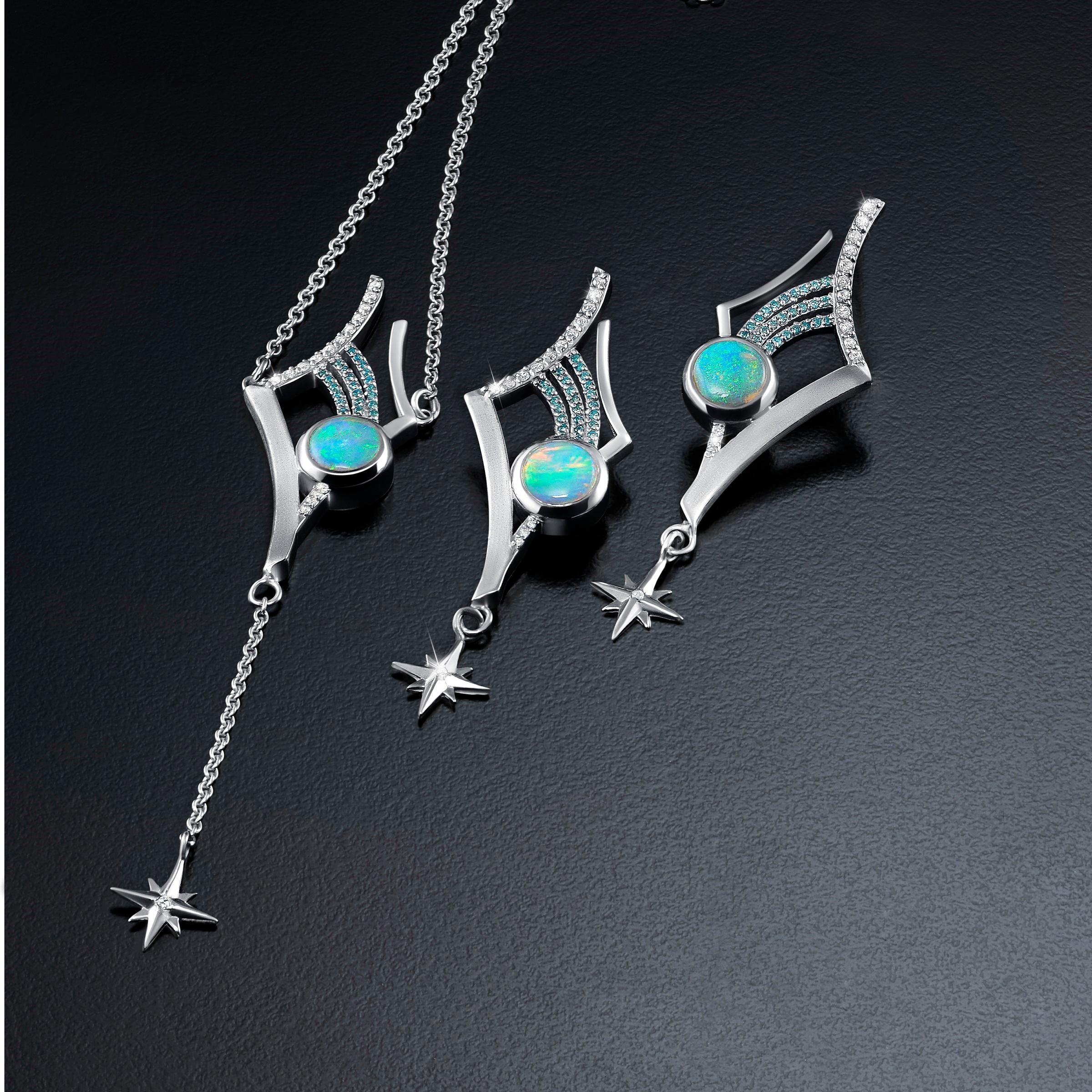 Contemporary Sterling Silver, Australian Opal and Diamond Shooting Star Y-Pendant For Sale