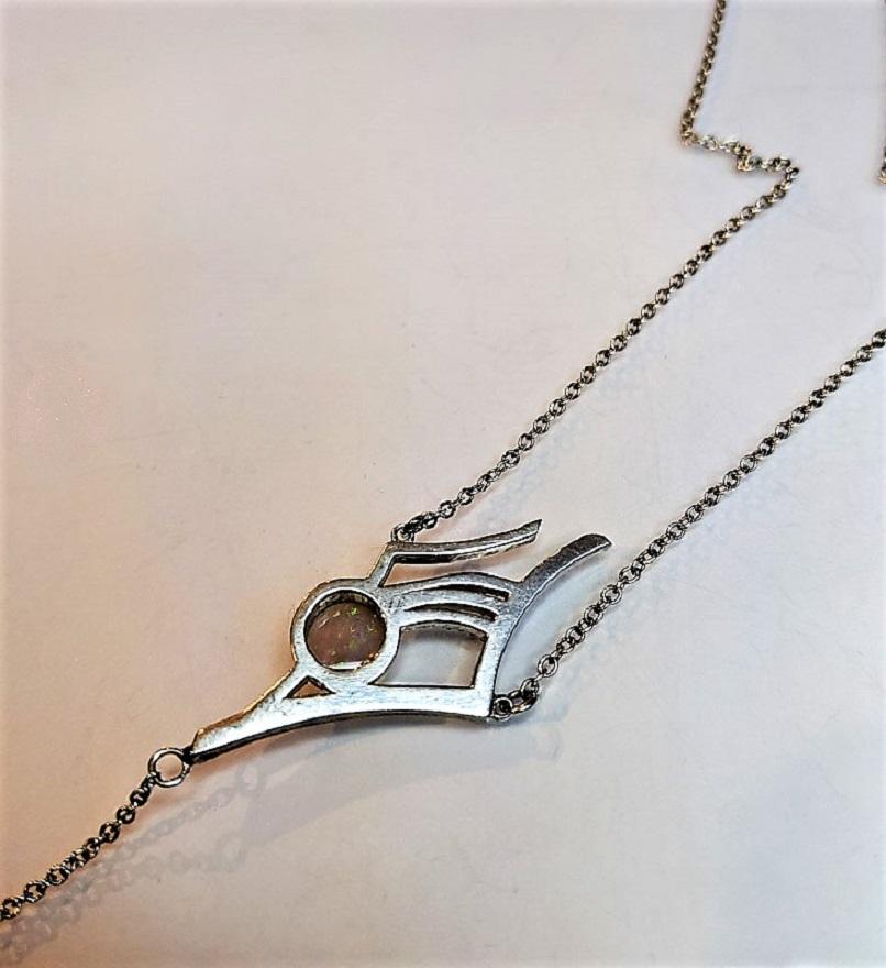 Round Cut Australian Opal,  Diamonds and Sterling Silver Y-Pendant Necklace For Sale