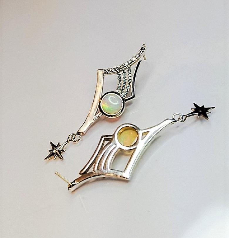 Women's Sterling Silver, Australian Opal & Diamond Shooting Star Earrings For Sale