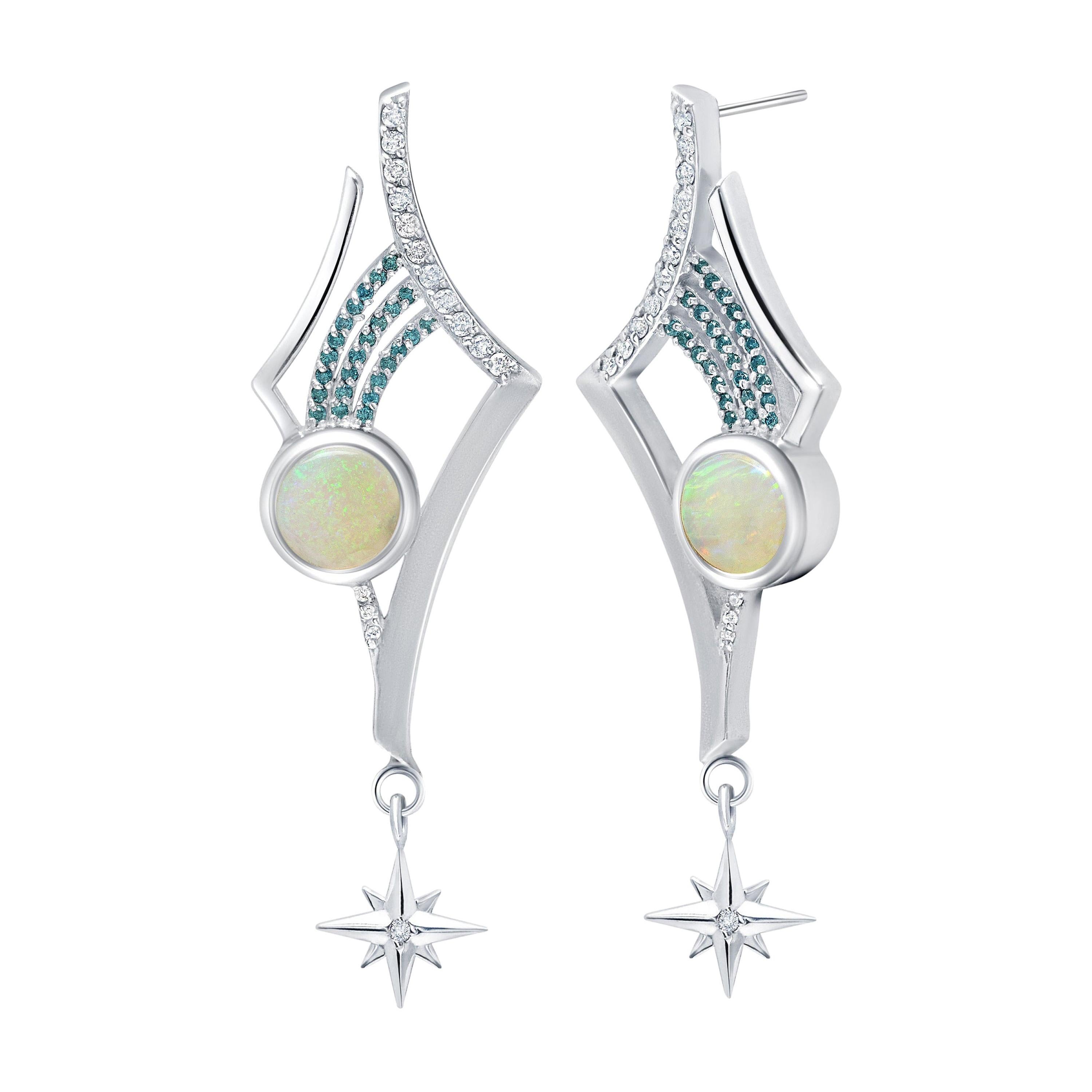 Boucles d'oreilles en argent sterling, opale australienne et diamant en forme d'étoile en vente