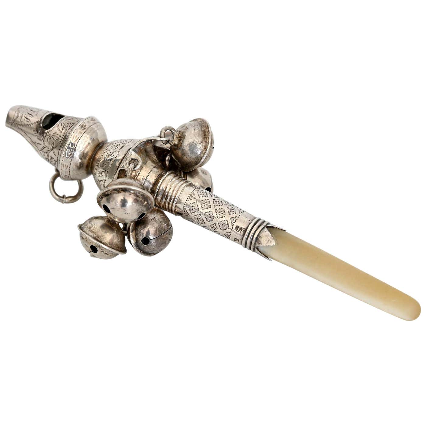 Silver Bee Rattle Sterling Silver Baby Rattle Whistle Mother of Pearl Handle Birmingham ...