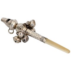 Sterling Silver Baby Rattle Whistle Mother of Pearl Handle Birmingham, 1818