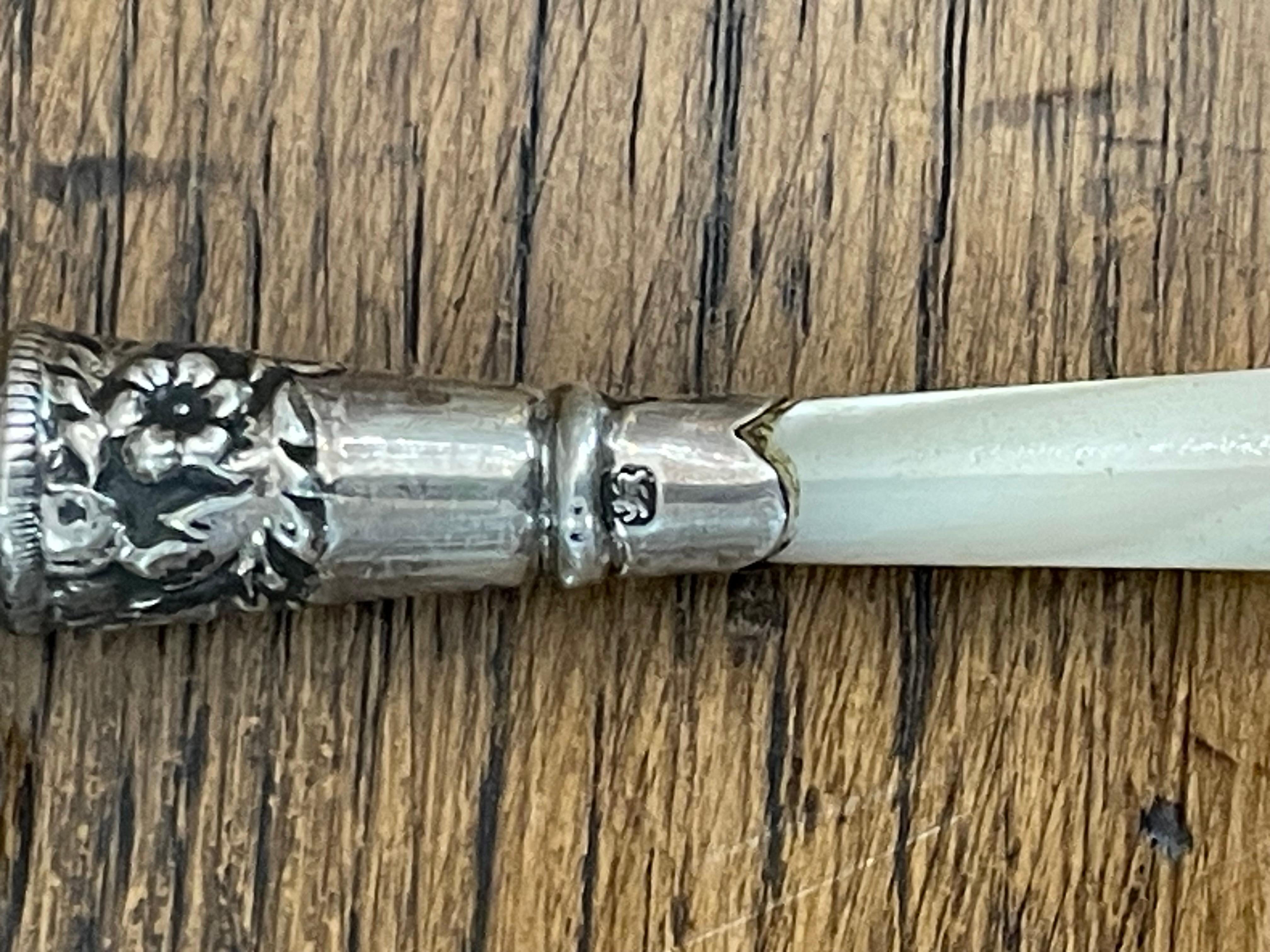 Sterling Silver Baby Rattle Whistle Mother of Pearl Handle Birmingham Circa 1894 1