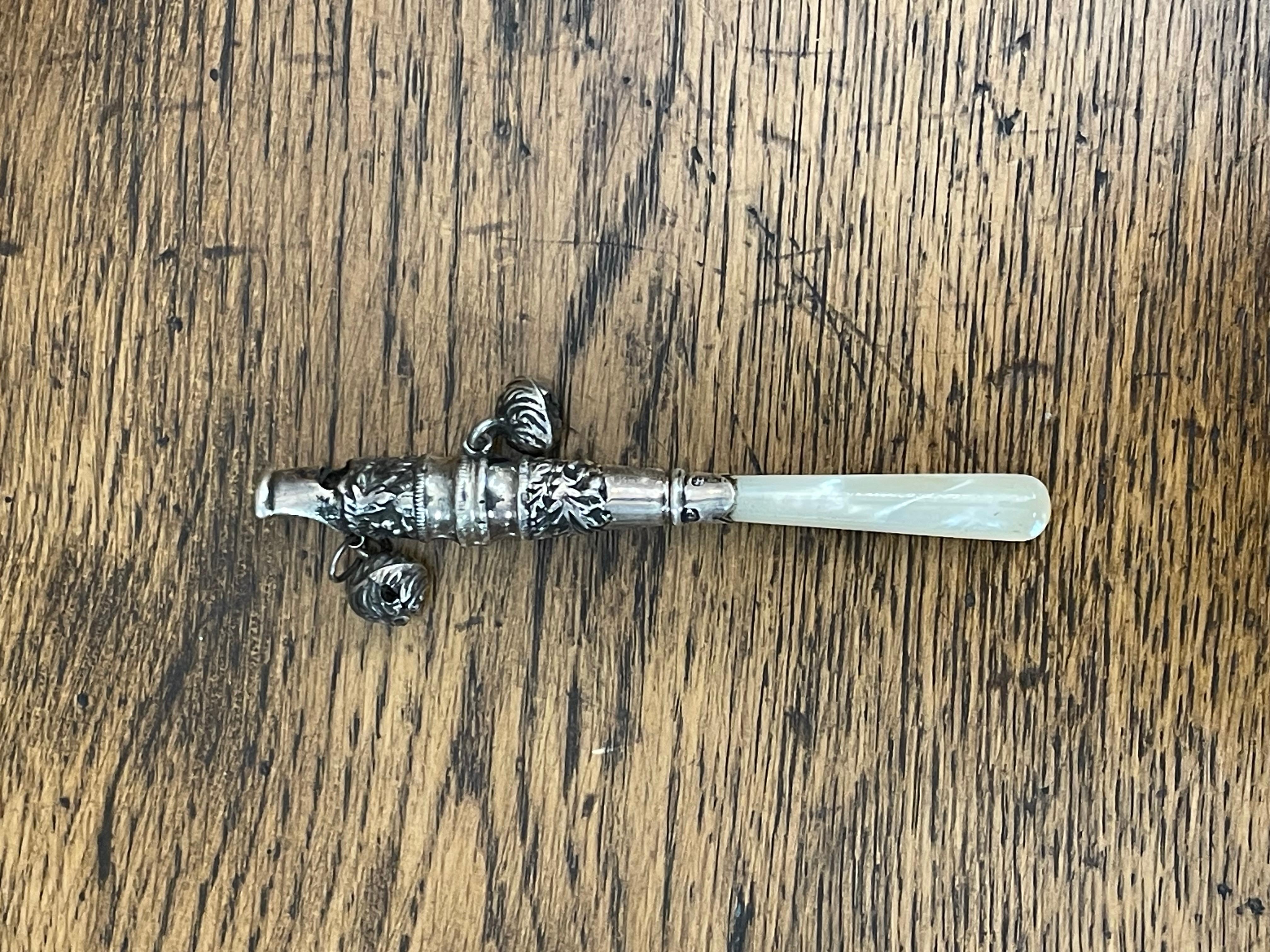 Sterling Silver Baby Rattle Whistle Mother of Pearl Handle Birmingham Circa 1894 2