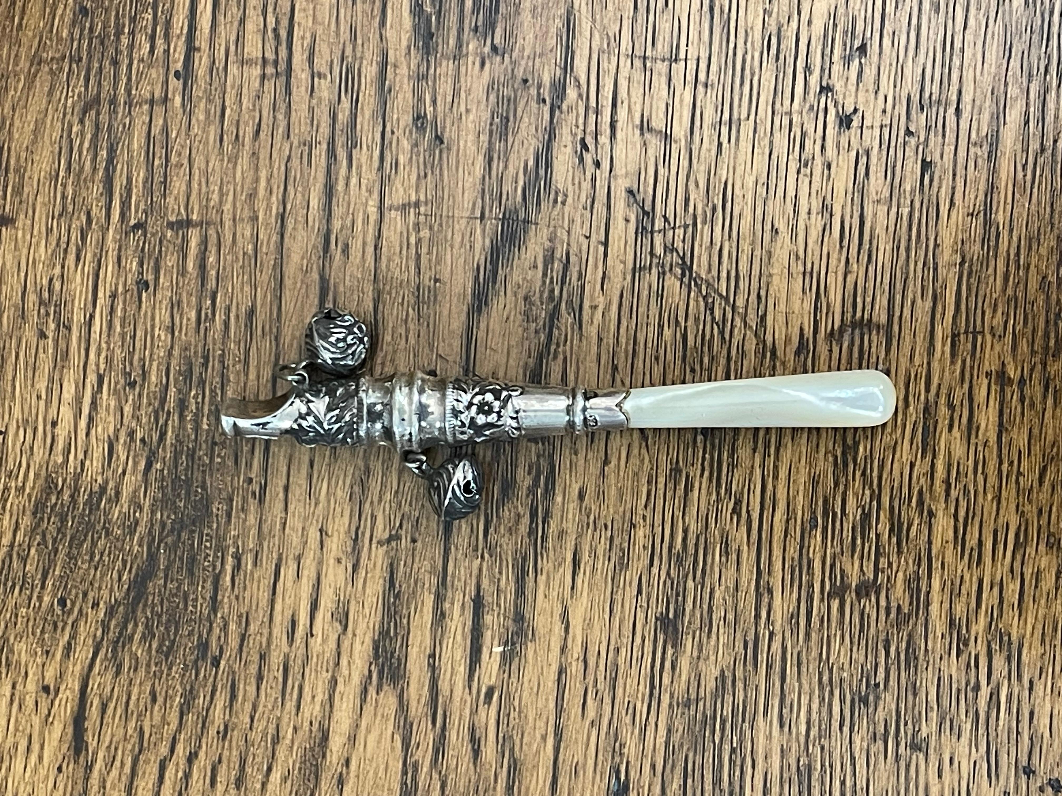 Sterling Silver Baby Rattle Whistle Mother of Pearl Handle Birmingham Circa 1894 3