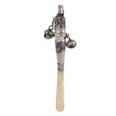 Antique Sterling Silver Baby Rattle Whistle Mother of Pearl Handle Birmingham Circa 1894
