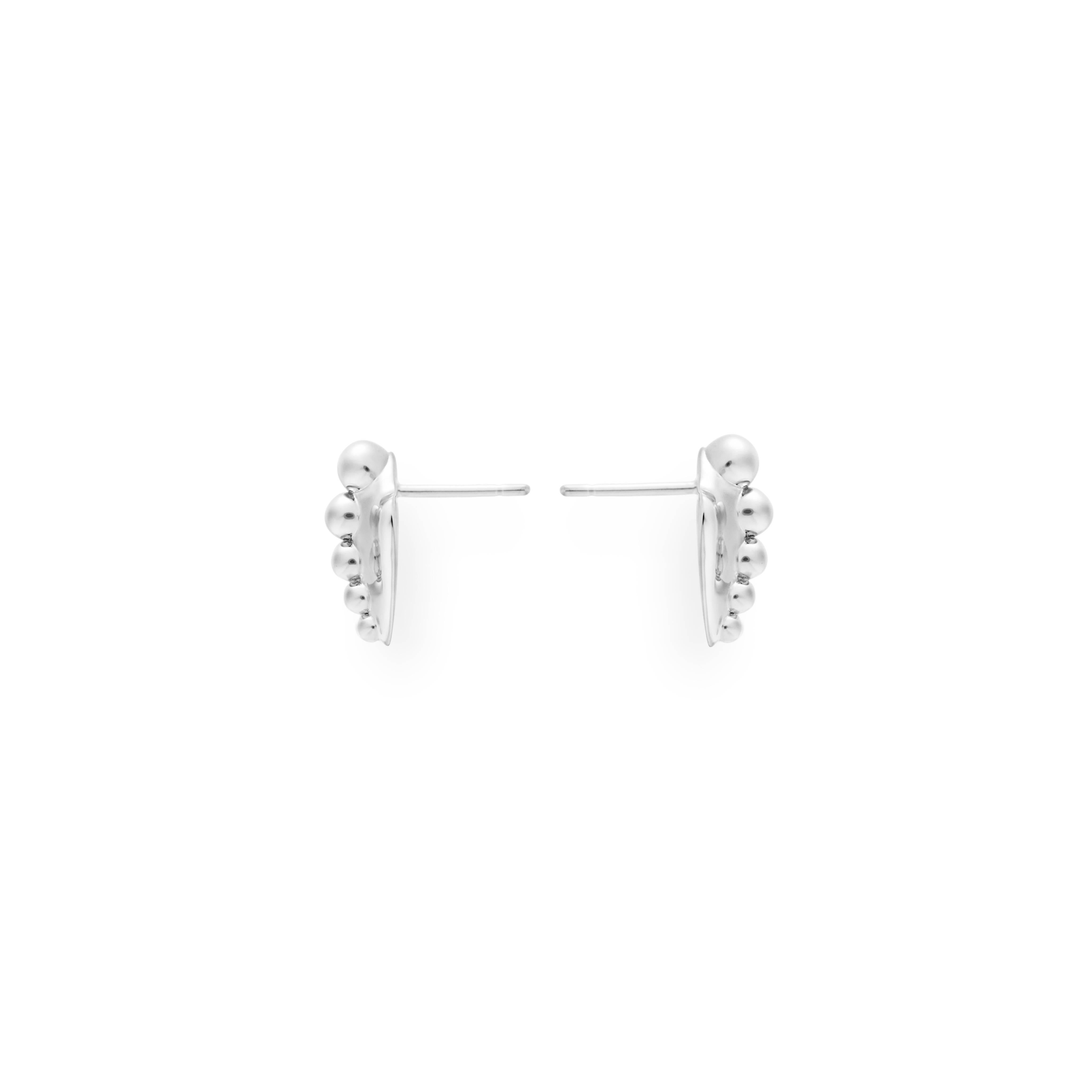 Mistova's sterling silver ball spine earrings are shield shaped with highly polished surface with small spheres. Available in gold and silver.