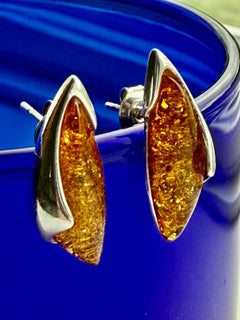 Sterling Silver + Baltic Amber Sculptural Stud Earrings Minimalist Simple Form