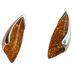 Sterling Silver + Baltic Amber Sculptural Stud Earrings Minimalist Simple Form