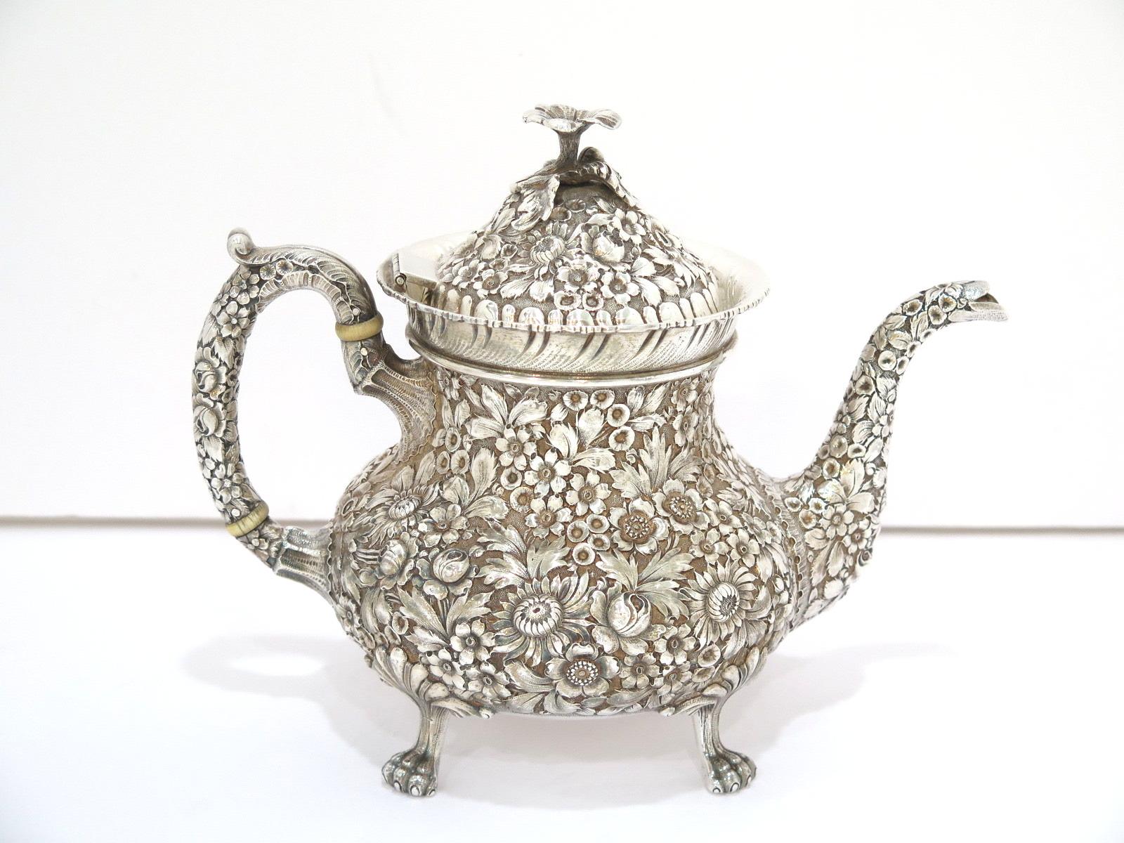 Sterling Silver Baltimore Sterling Silver Antique Floral Repousse Tea/Coffee Set In Good Condition For Sale In Brooklyn, NY