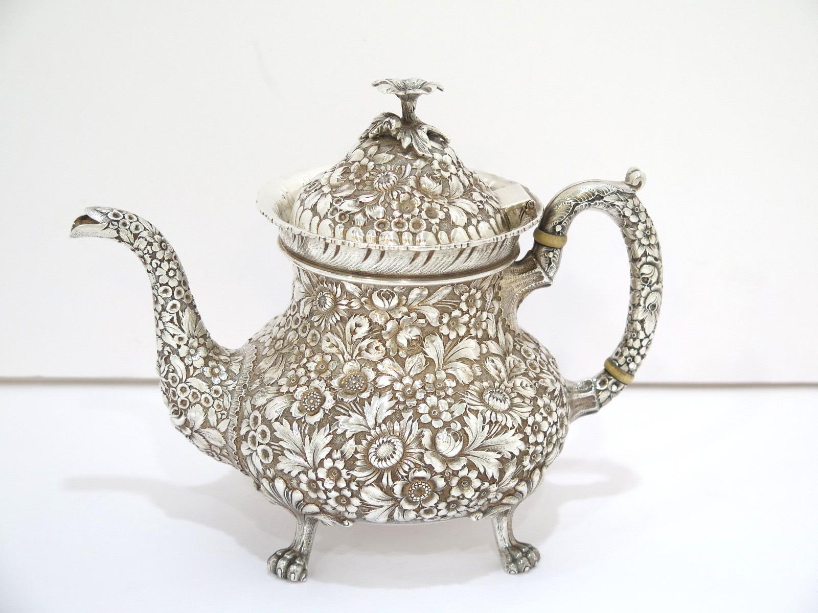 20th Century Sterling Silver Baltimore Sterling Silver Antique Floral Repousse Tea/Coffee Set For Sale