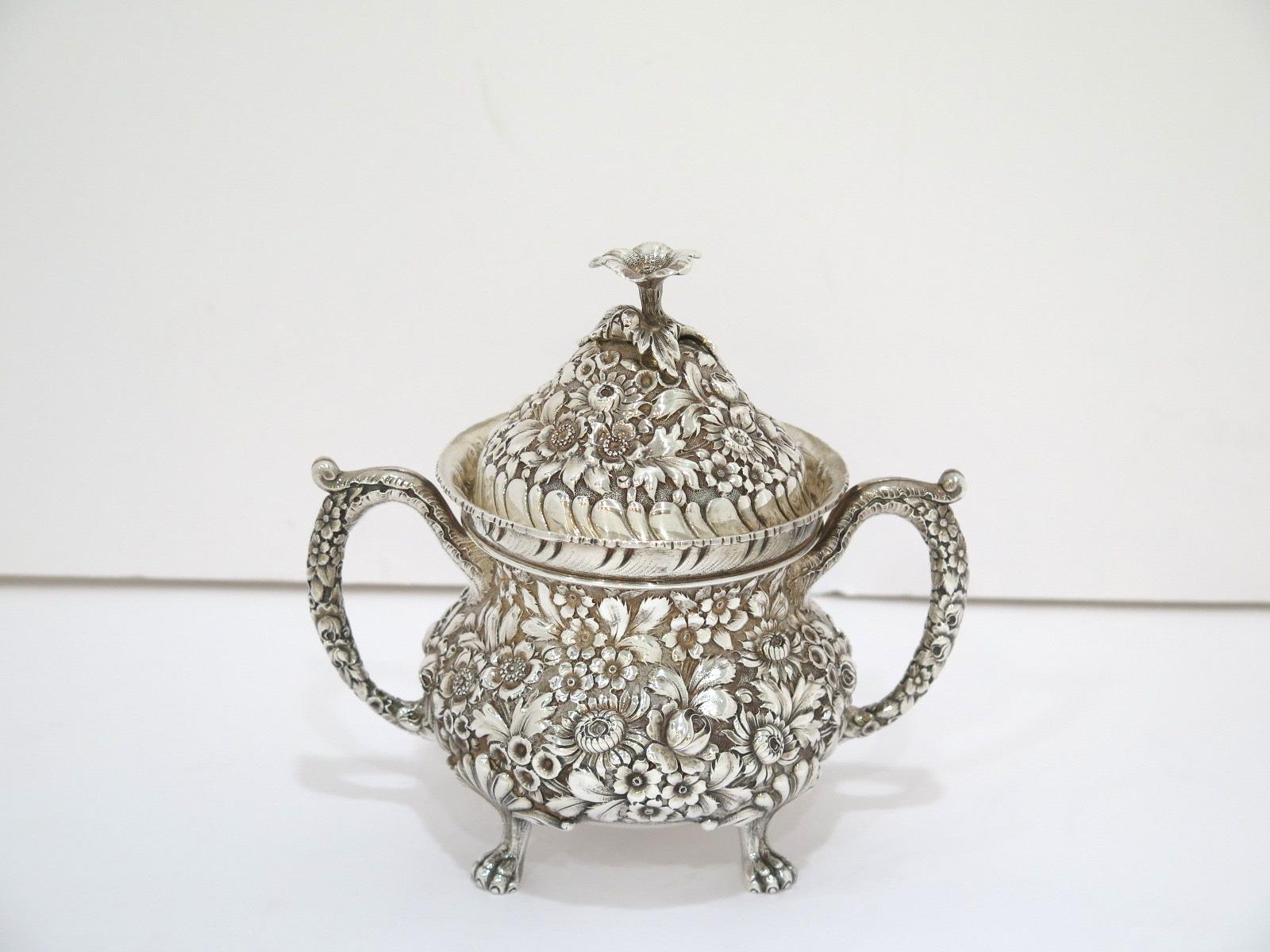 Sterling Silver Baltimore Sterling Silver Antique Floral Repousse Tea/Coffee Set For Sale 1