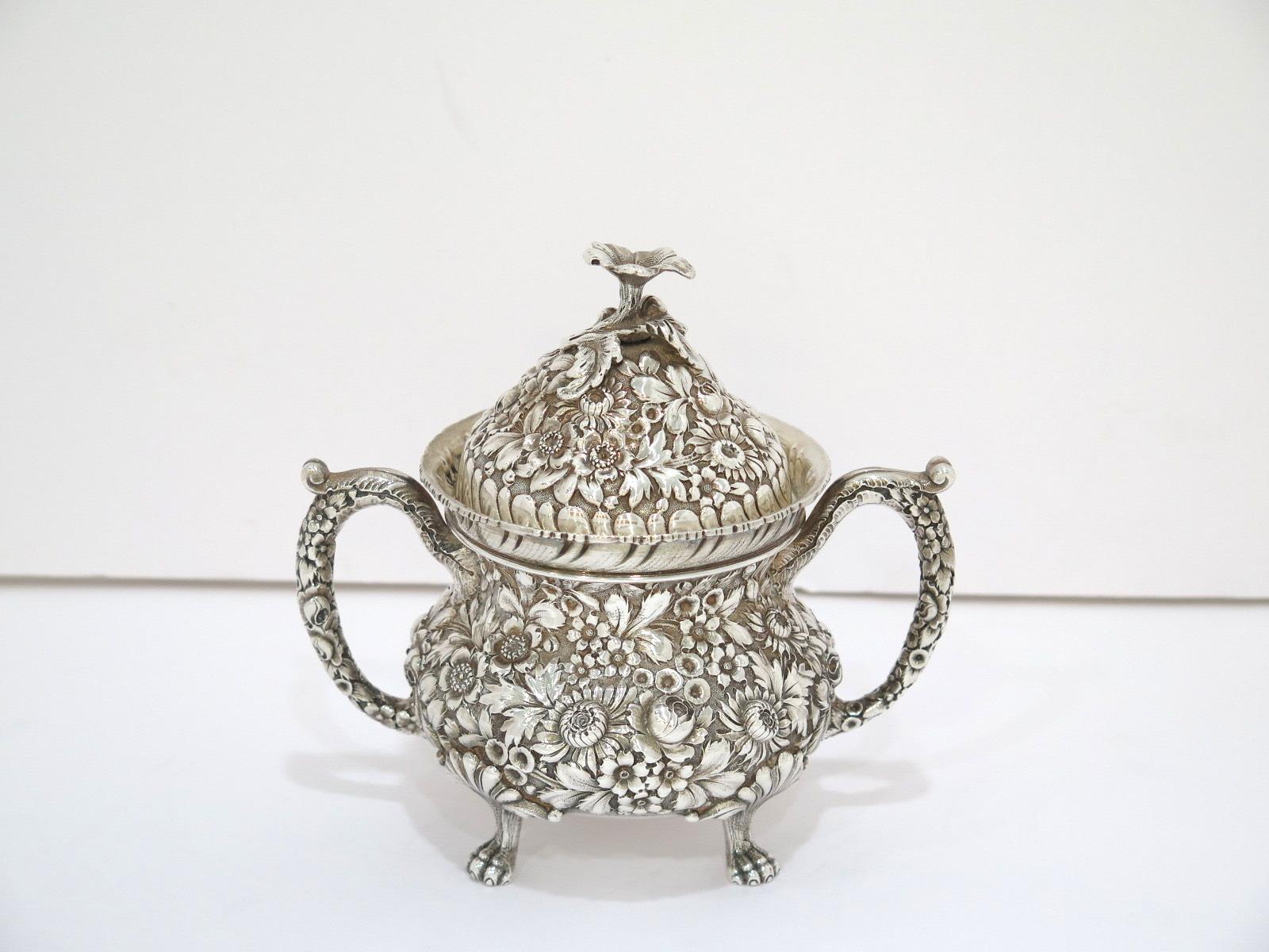 Sterling Silver Baltimore Sterling Silver Antique Floral Repousse Tea/Coffee Set For Sale 2