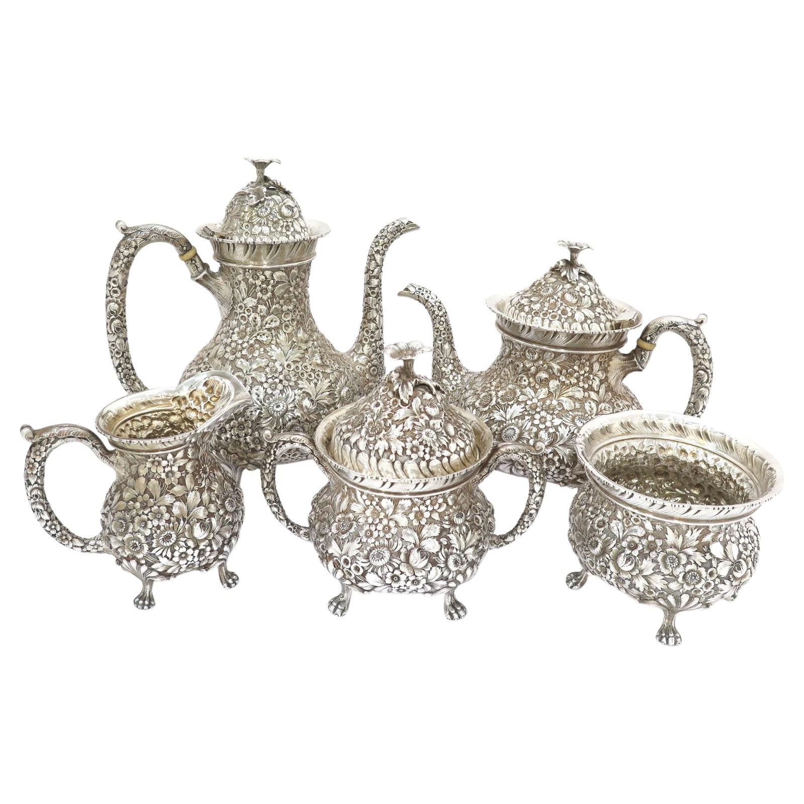 Sterling Silver Baltimore Sterling Silver Antique Floral Repousse Tea/Coffee Set For Sale