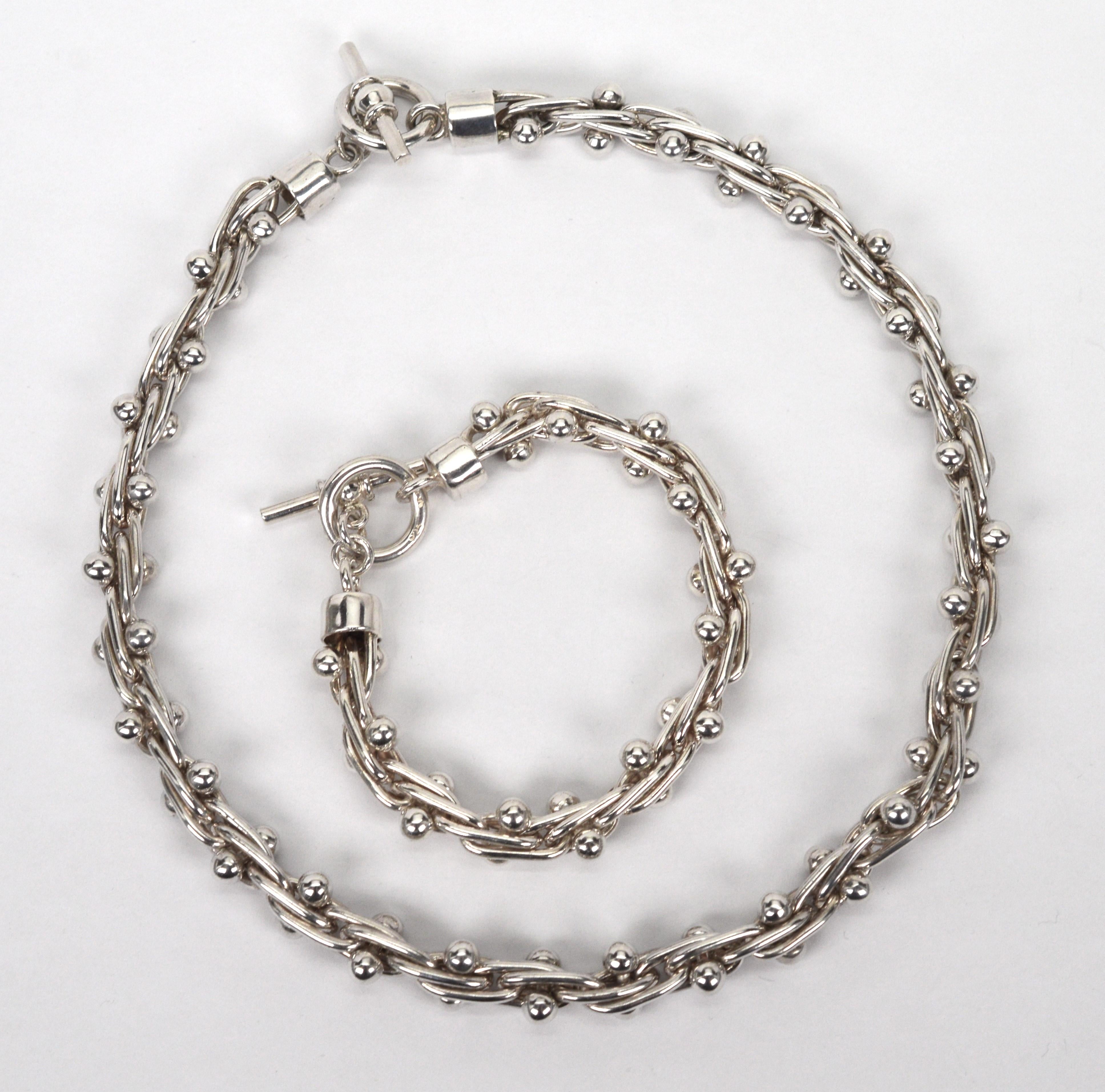 Sterling Silver Barbell Hardware Chain w Toggle Necklace Bracelet Set For Sale 13
