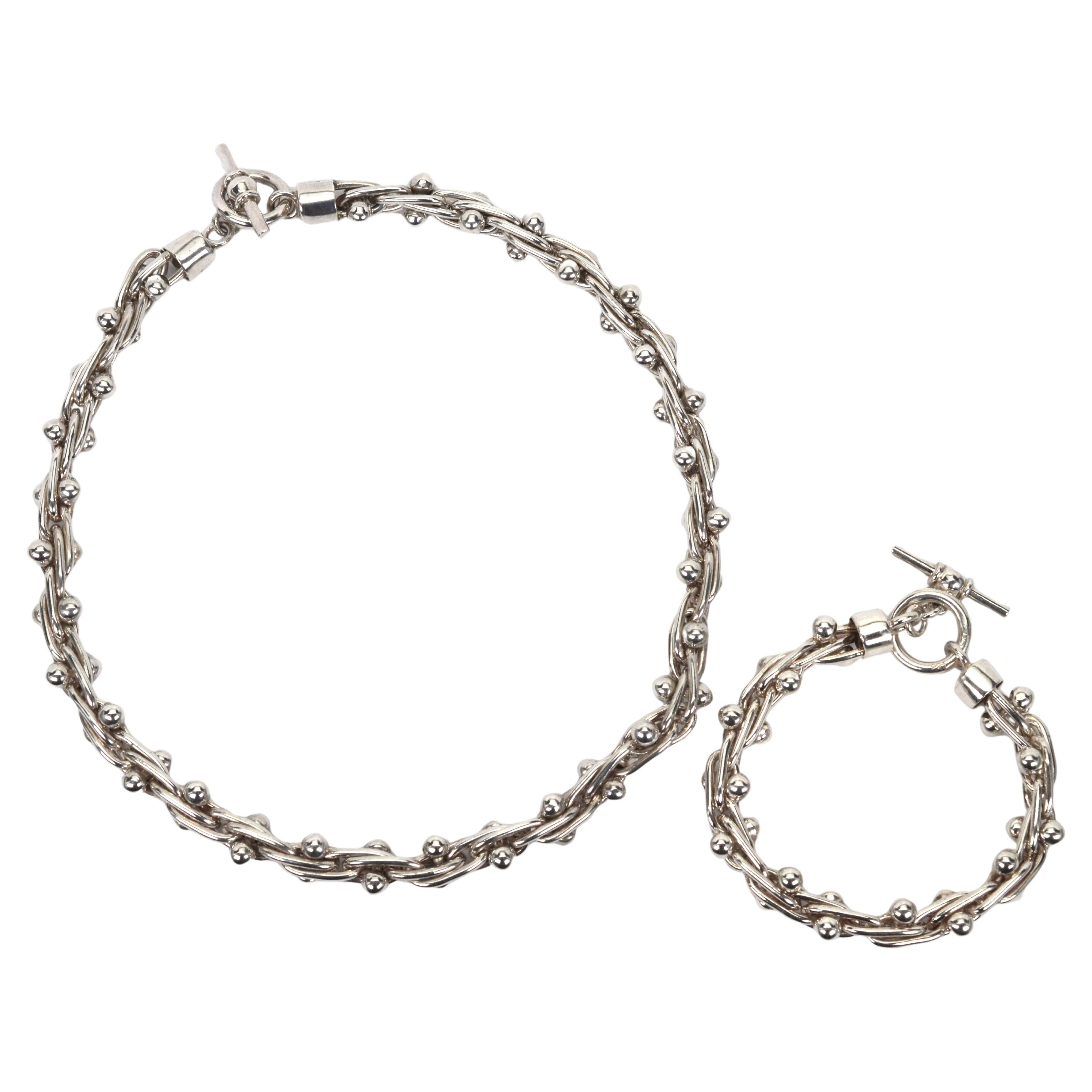 Sterling Silver Barbell Hardware Chain w Toggle Necklace Bracelet Set