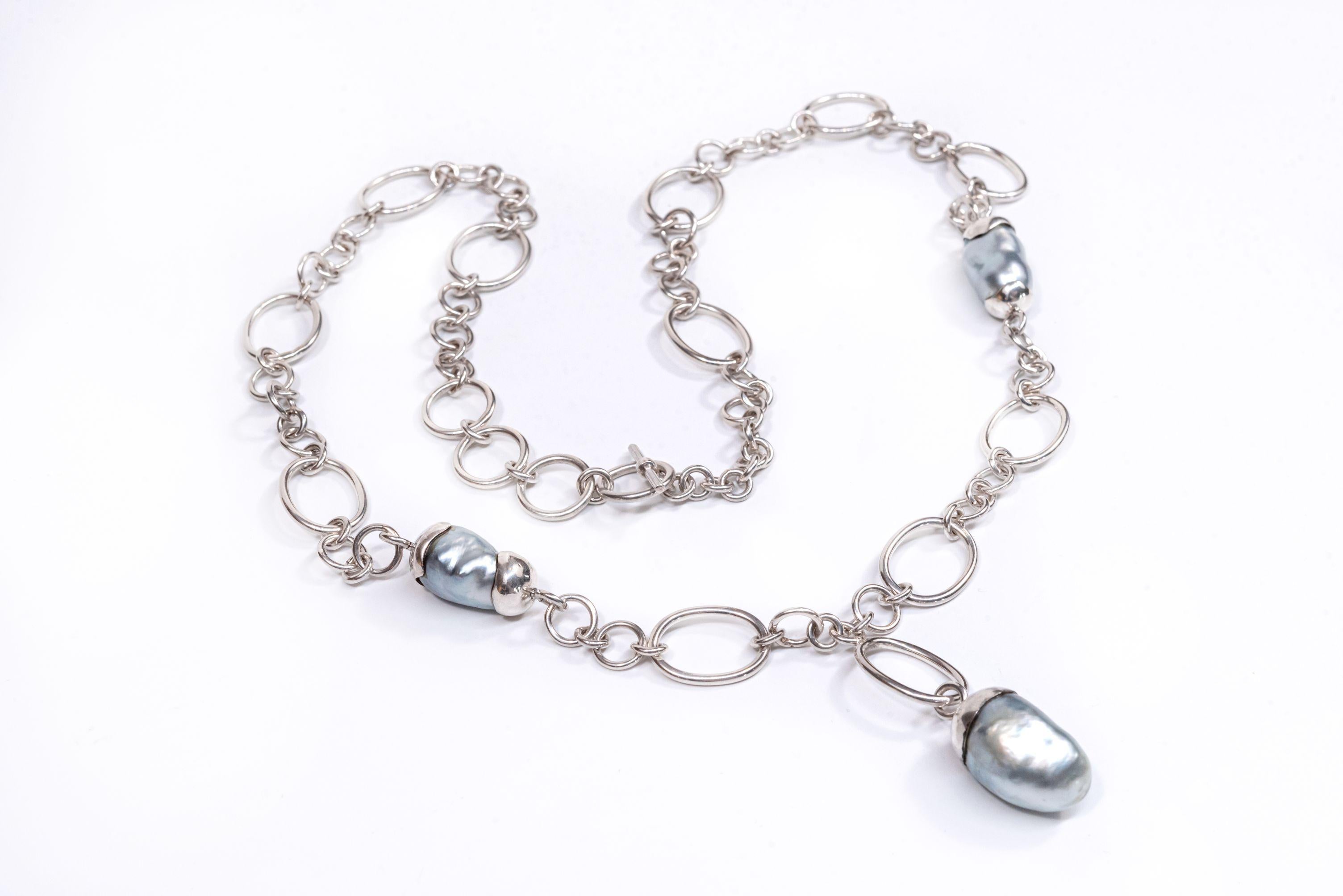 Sterling Silver Baroque South Sea Pearls Drop Chain Necklace For Sale 4