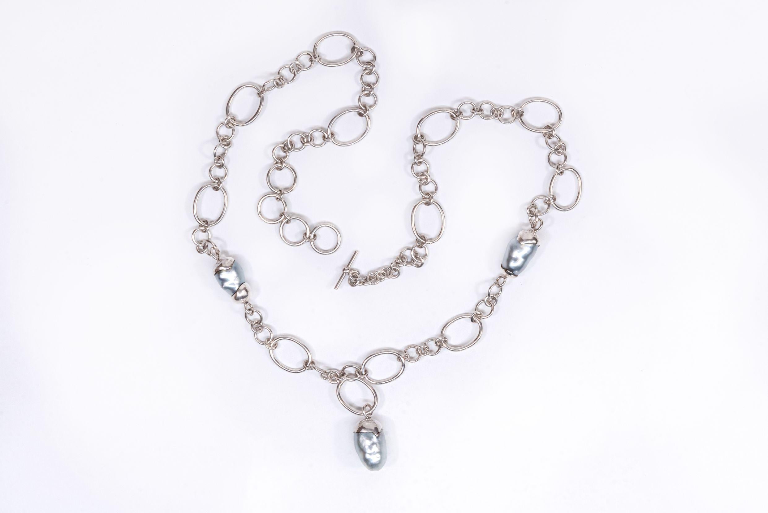 Sterling Silver Baroque South Sea Pearls Drop Chain Necklace For Sale 9