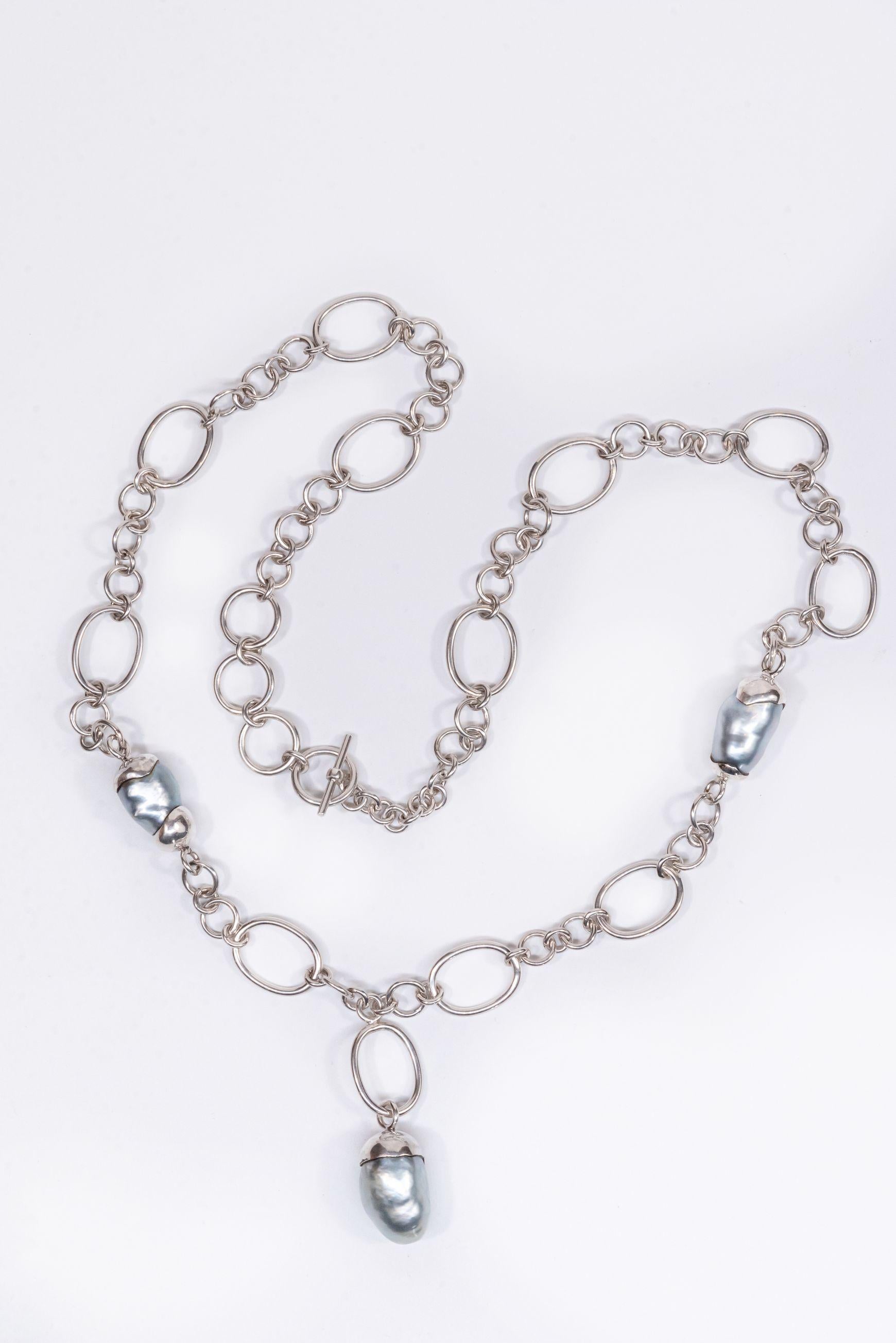 Sterling Silver Baroque South Sea Pearls Drop Chain Necklace For Sale 12