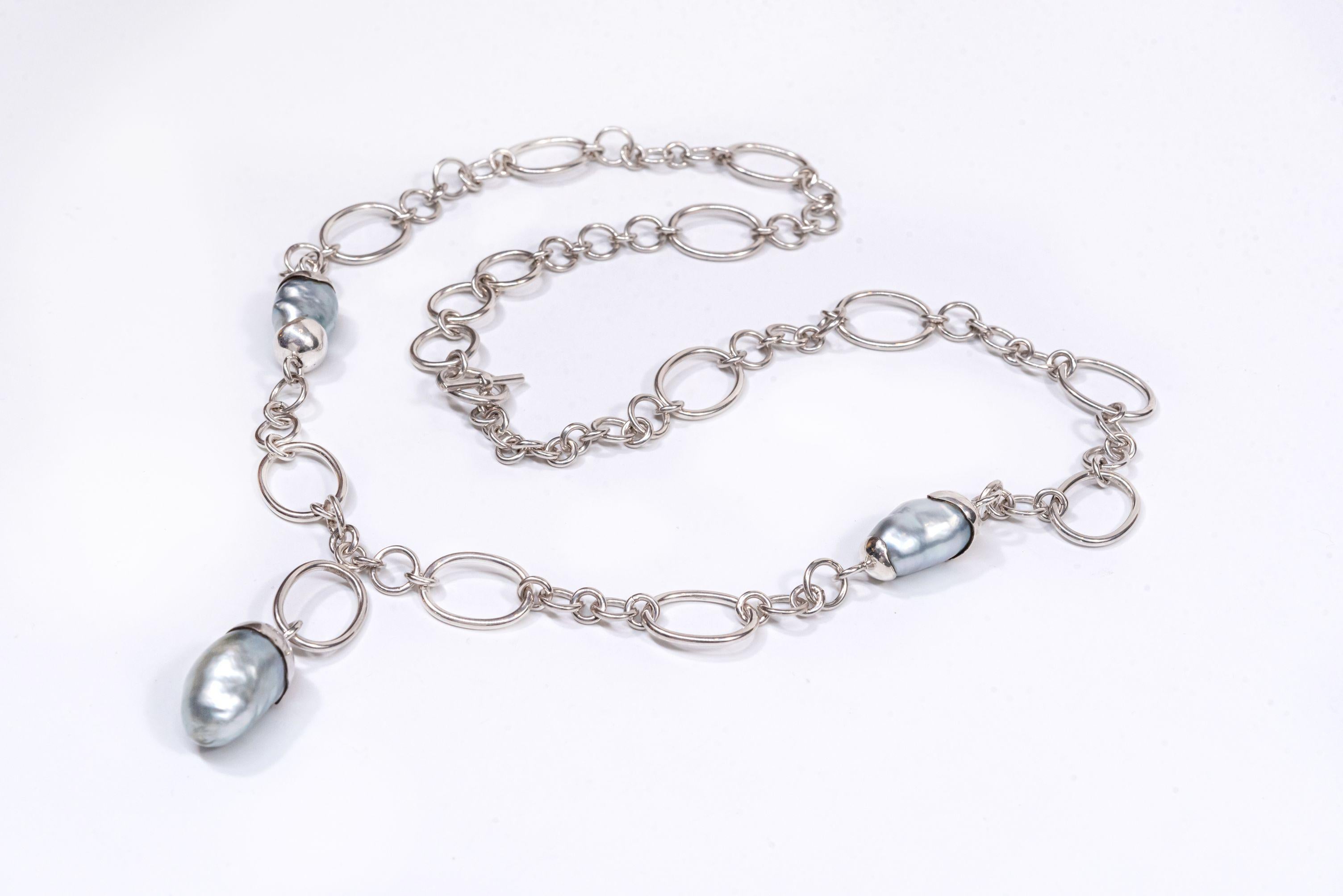 Sterling Silver Baroque South Sea Pearls Drop Chain Necklace For Sale 3