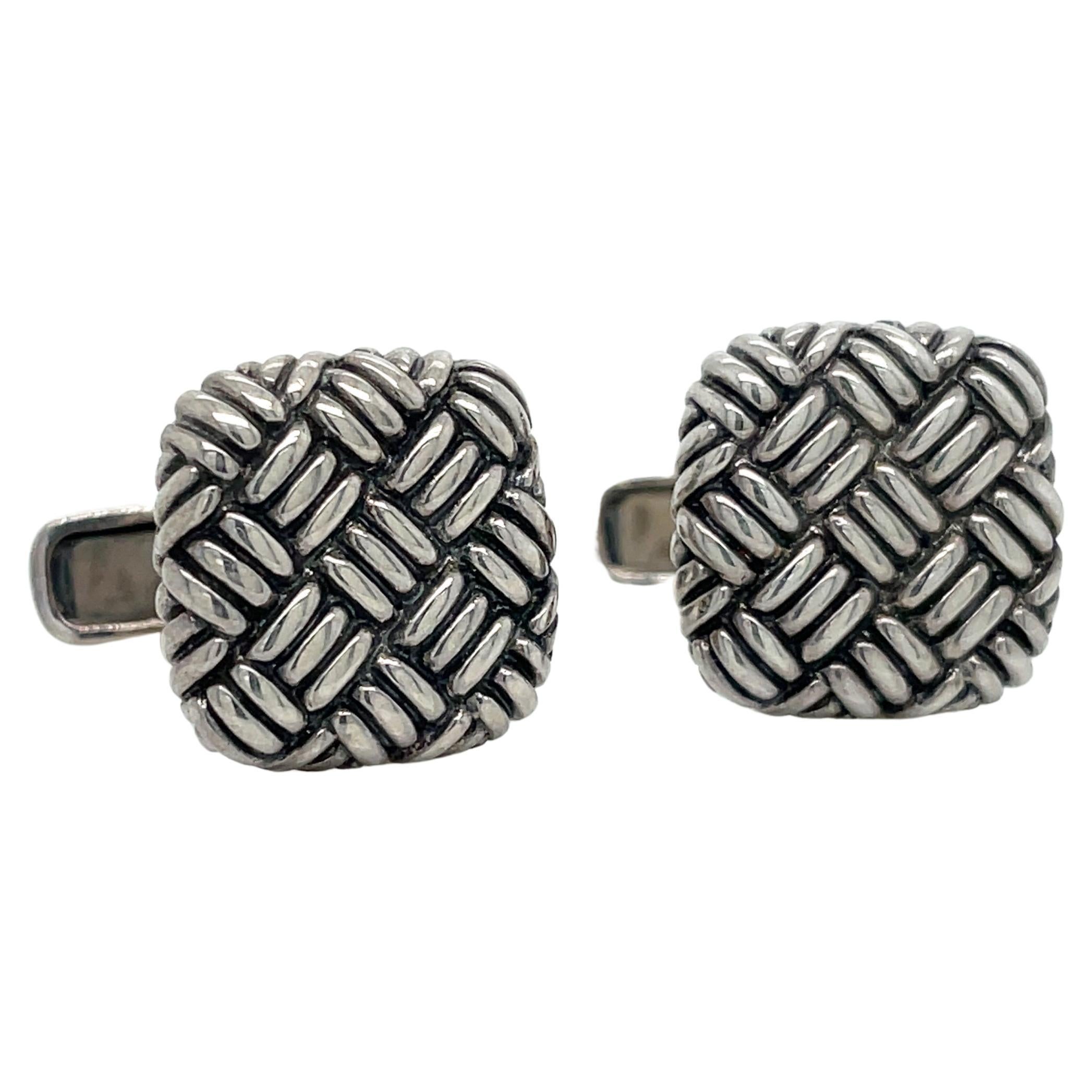 Boutons de manchette panier tissé argent sterling en vente