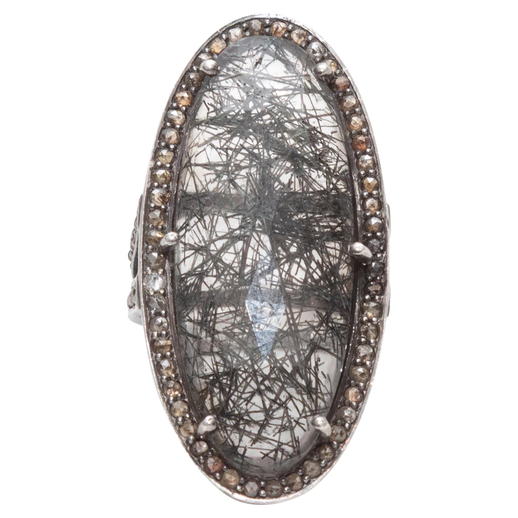 Anillo Bavna de plata de ley con labradorita y diamantes talla US 7 en venta