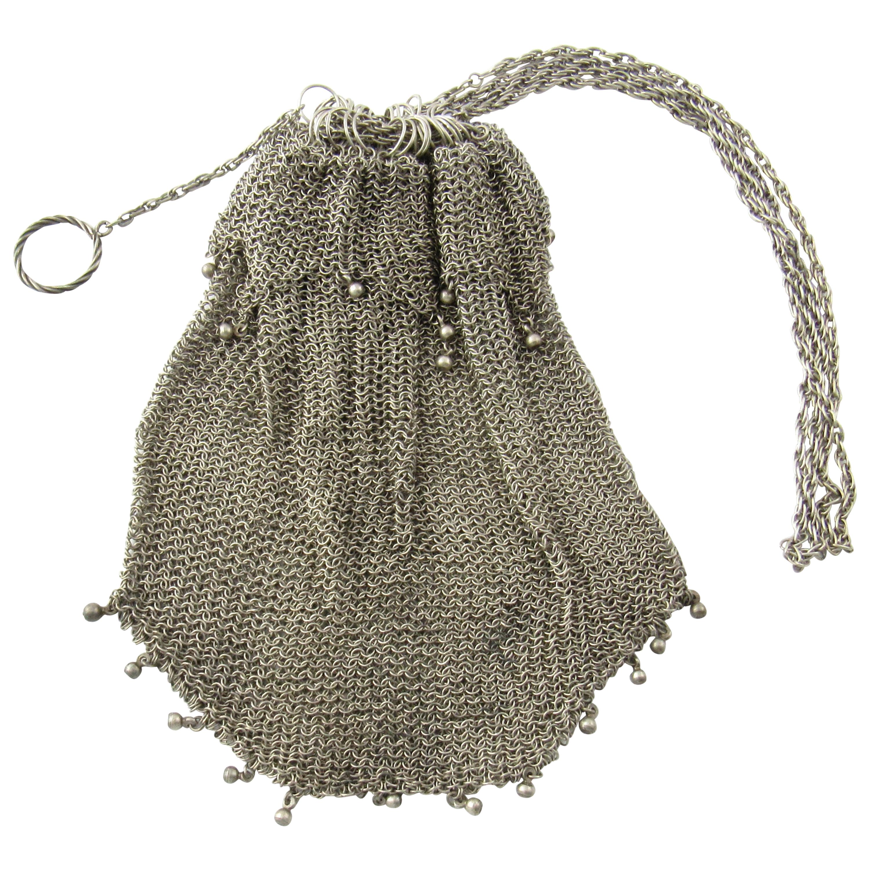 Sterling Silver Beaded Mesh Purse Pull Closure
